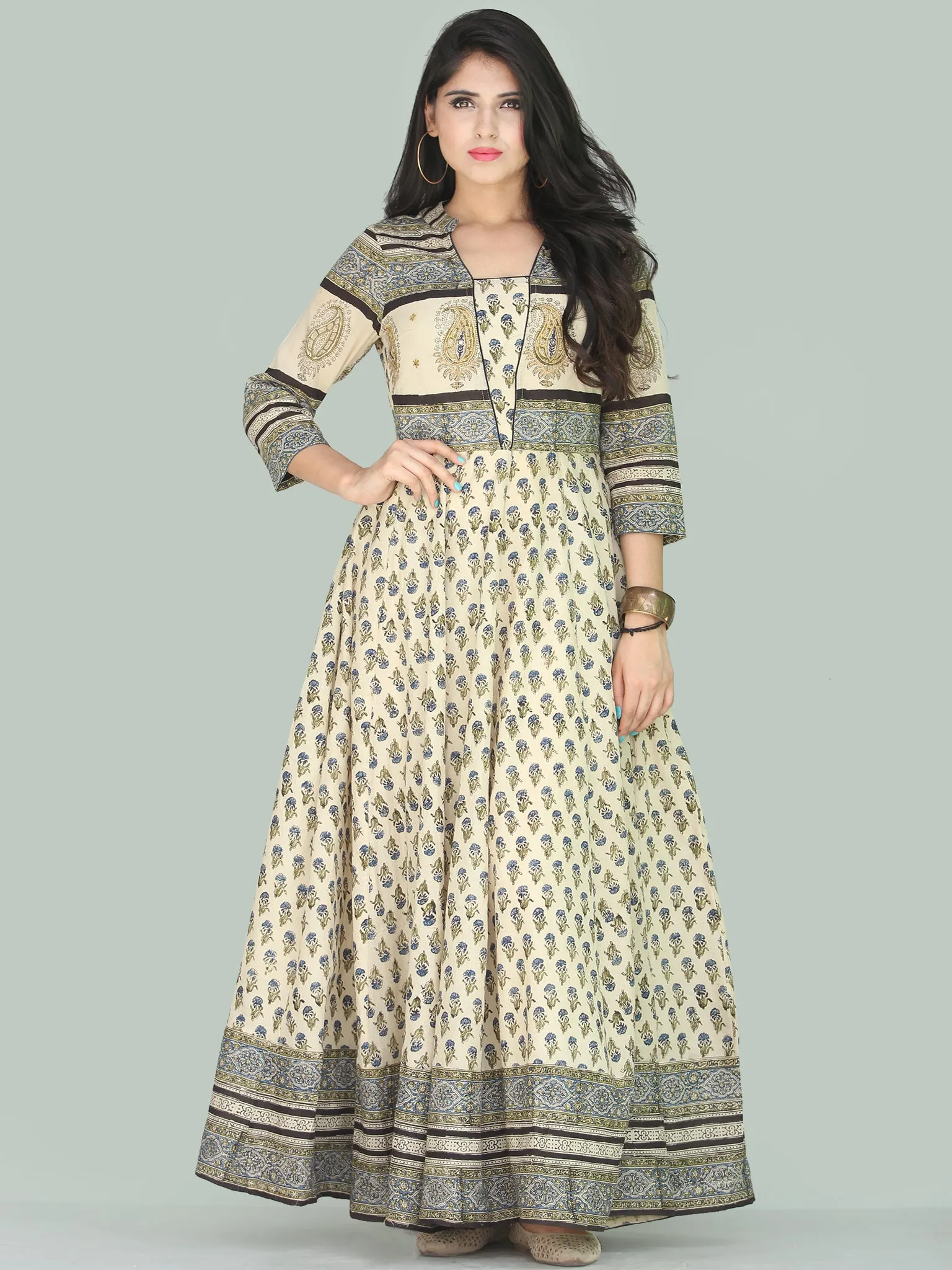 Naaz Fariha - Hand Block Printed Long Cotton Embroidered Dress With Lining - DS109F001