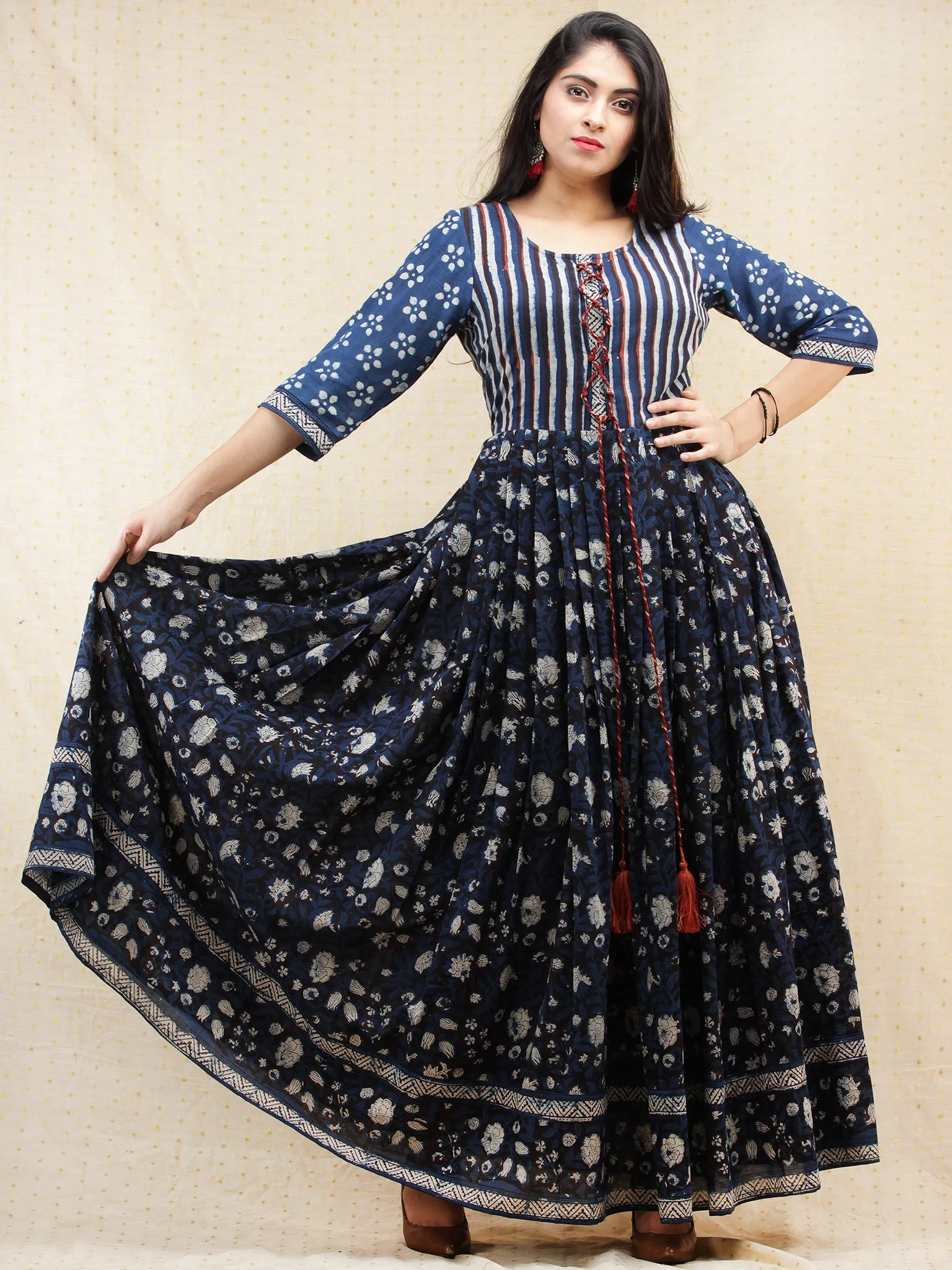 Naaz Nahiza - Hand Block Printed Long Cotton Pleated  Dress With Tassels - DS86F001