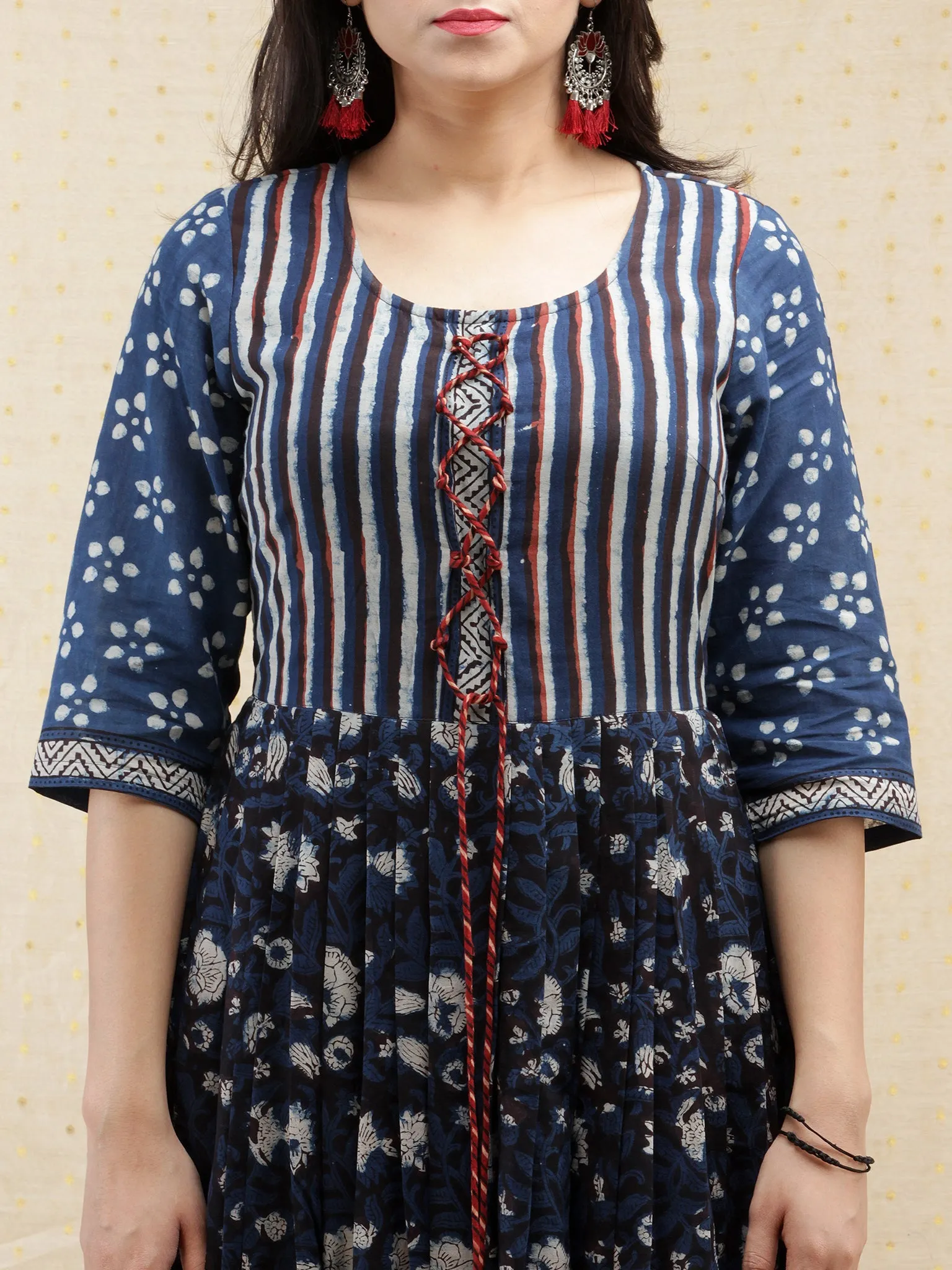 Naaz Nahiza - Hand Block Printed Long Cotton Pleated  Dress With Tassels - DS86F001