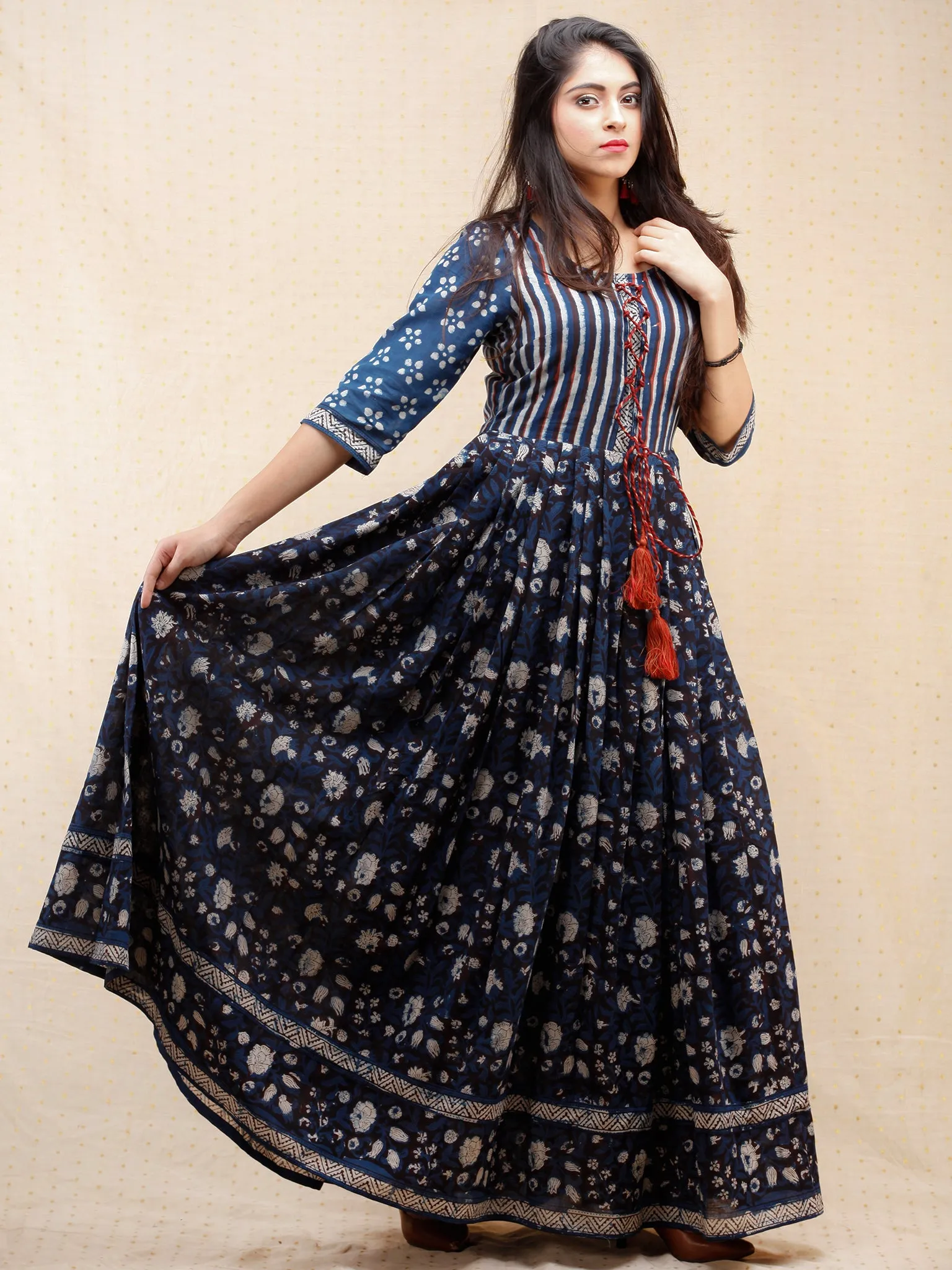 Naaz Nahiza - Hand Block Printed Long Cotton Pleated  Dress With Tassels - DS86F001