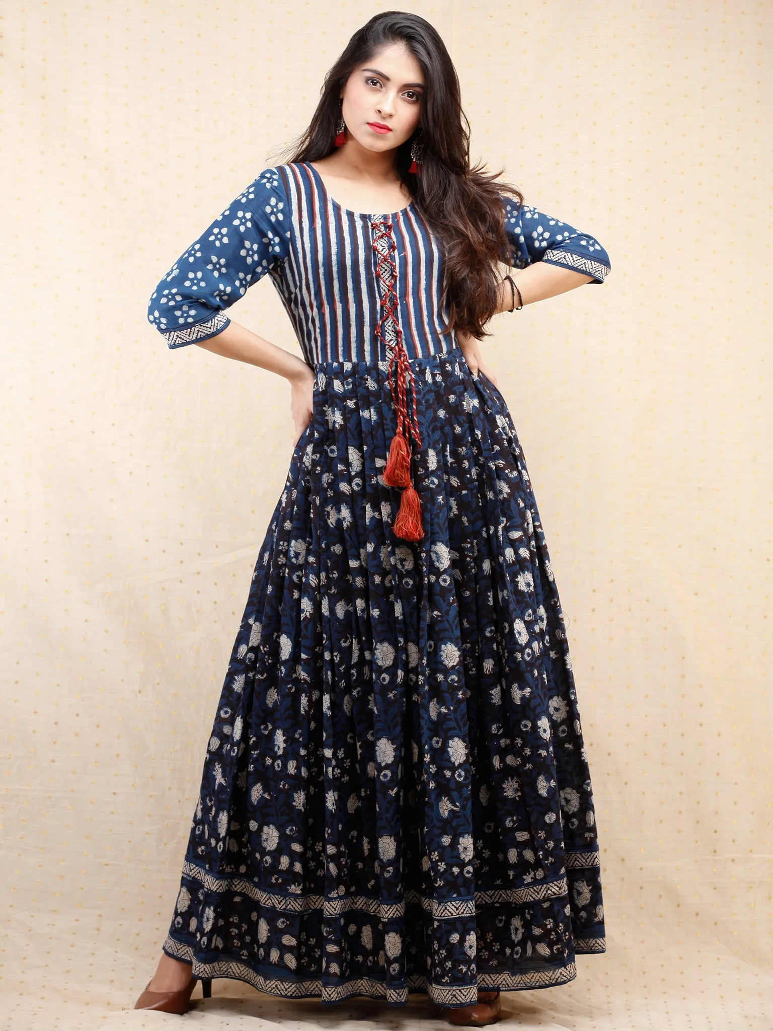 Naaz Nahiza - Hand Block Printed Long Cotton Pleated  Dress With Tassels - DS86F001