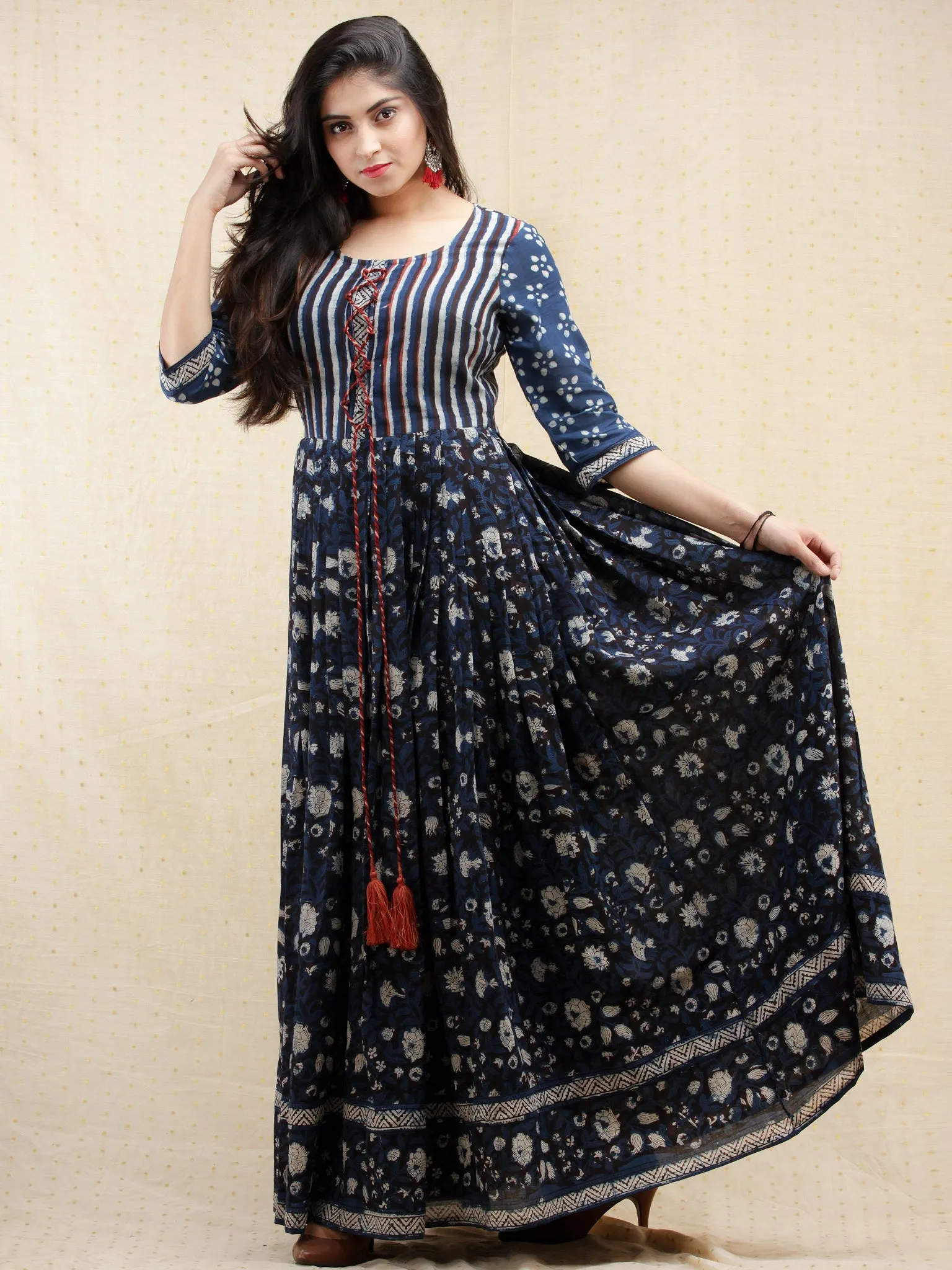 Naaz Nahiza - Hand Block Printed Long Cotton Pleated  Dress With Tassels - DS86F001