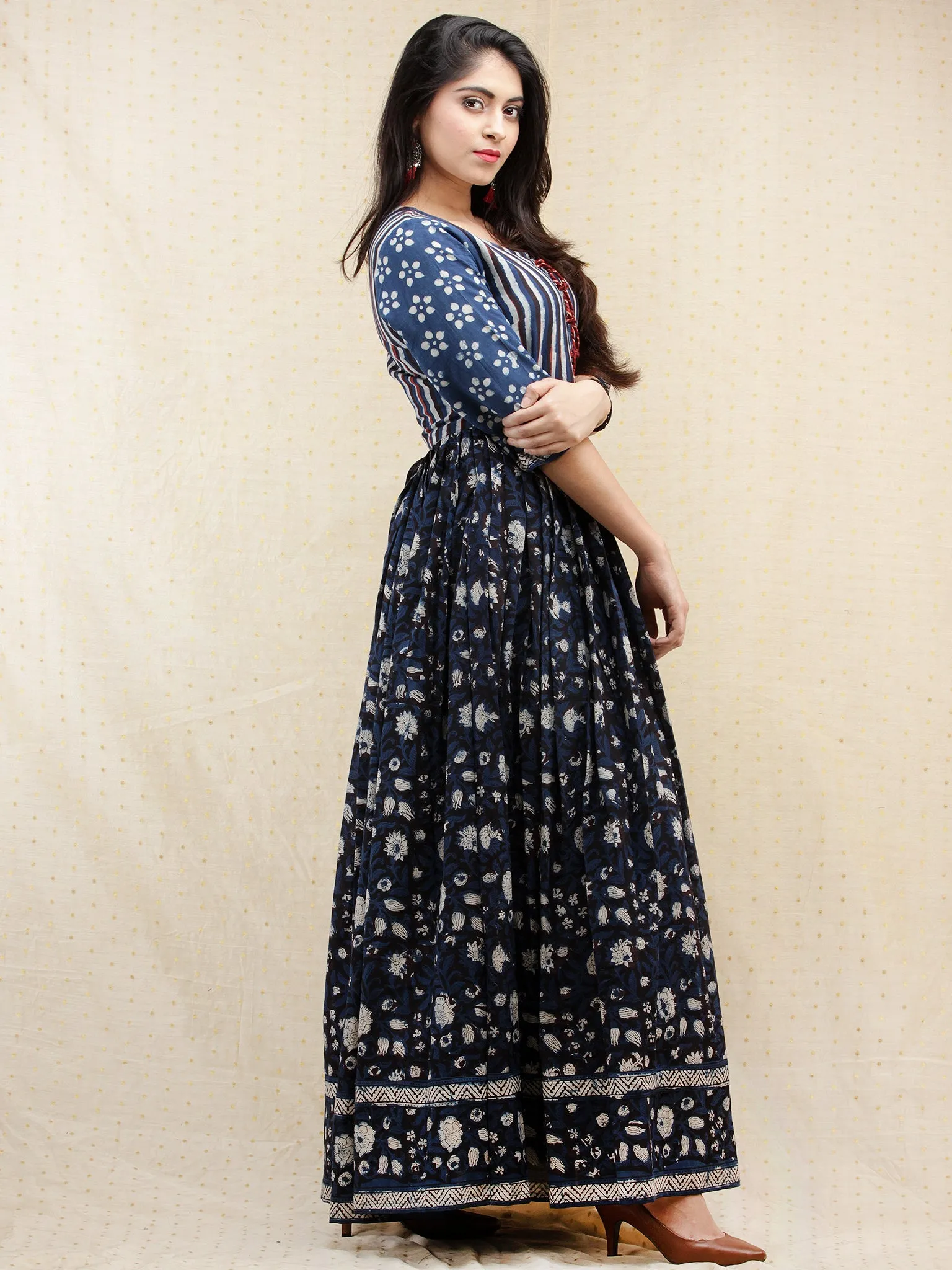 Naaz Nahiza - Hand Block Printed Long Cotton Pleated  Dress With Tassels - DS86F001