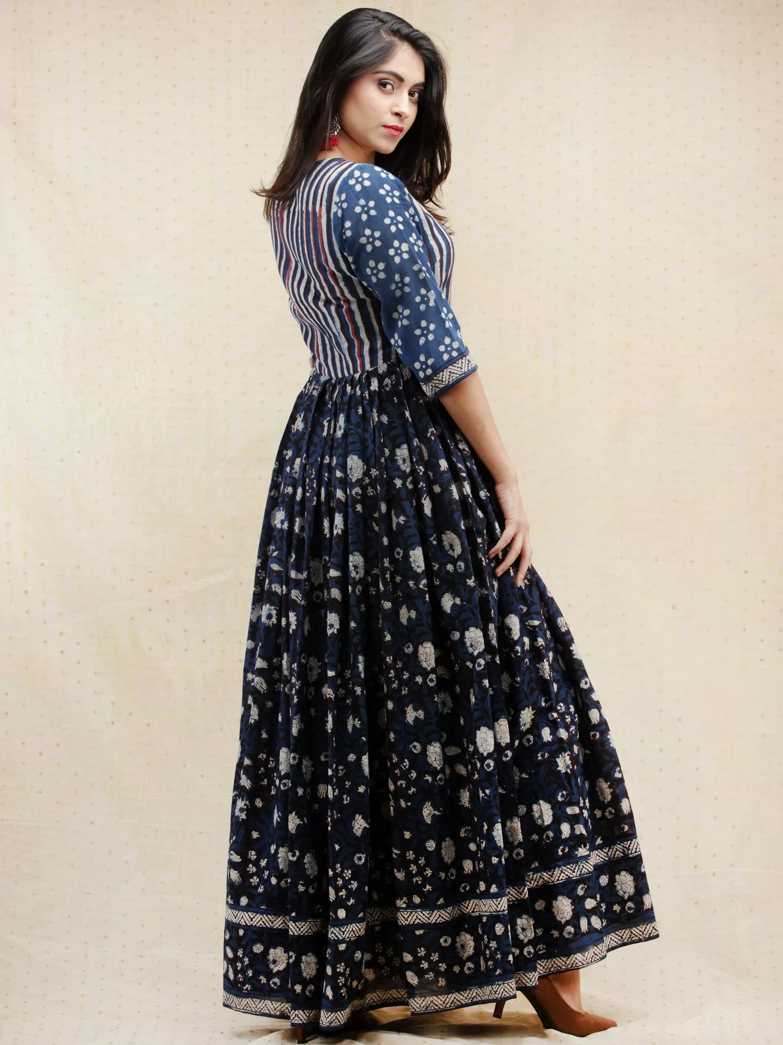 Naaz Nahiza - Hand Block Printed Long Cotton Pleated  Dress With Tassels - DS86F001