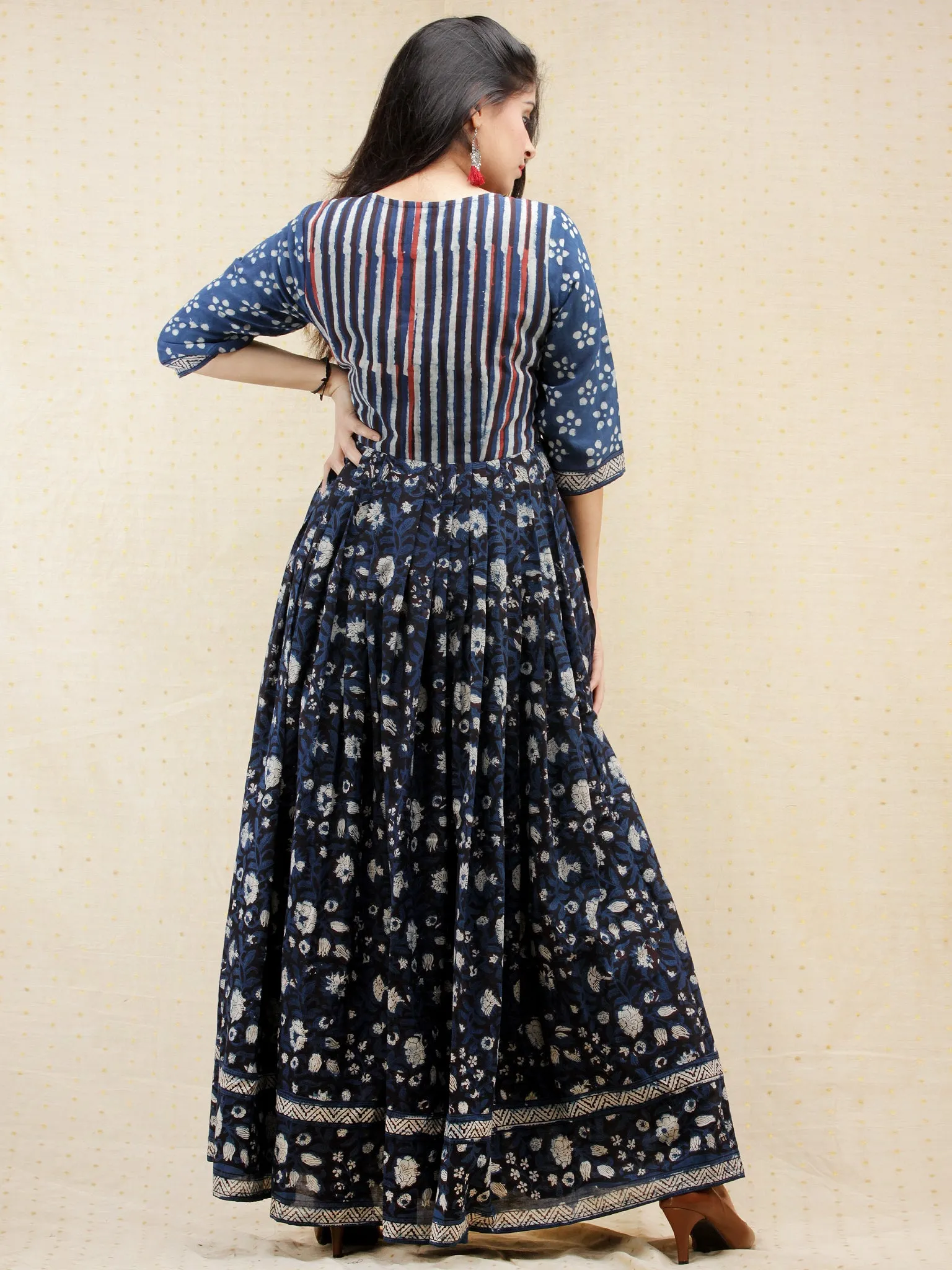 Naaz Nahiza - Hand Block Printed Long Cotton Pleated  Dress With Tassels - DS86F001