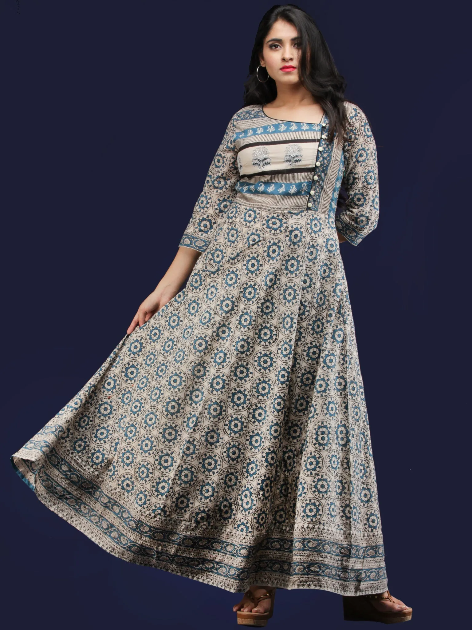 Naaz Padmani - Hand Block Printed Long Embroidered Jacket Dress - DS114F001