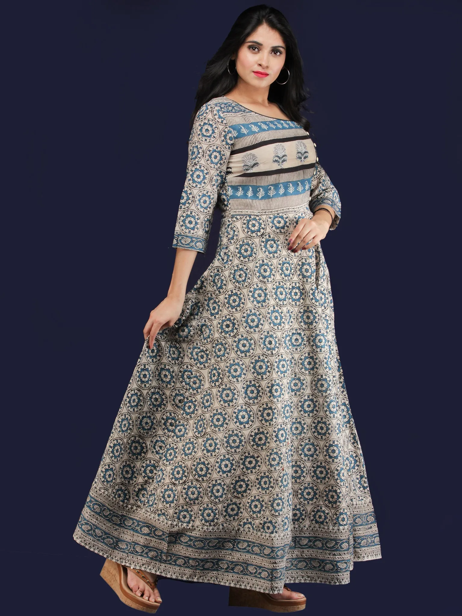 Naaz Padmani - Hand Block Printed Long Embroidered Jacket Dress - DS114F001