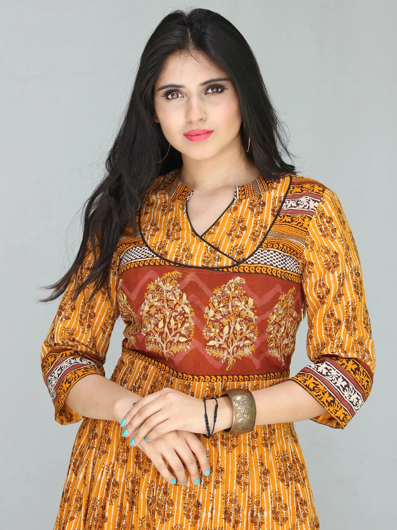 Naaz Sehar - Hand Block Printed Long Cotton Dress With Embroidery - DS112F001