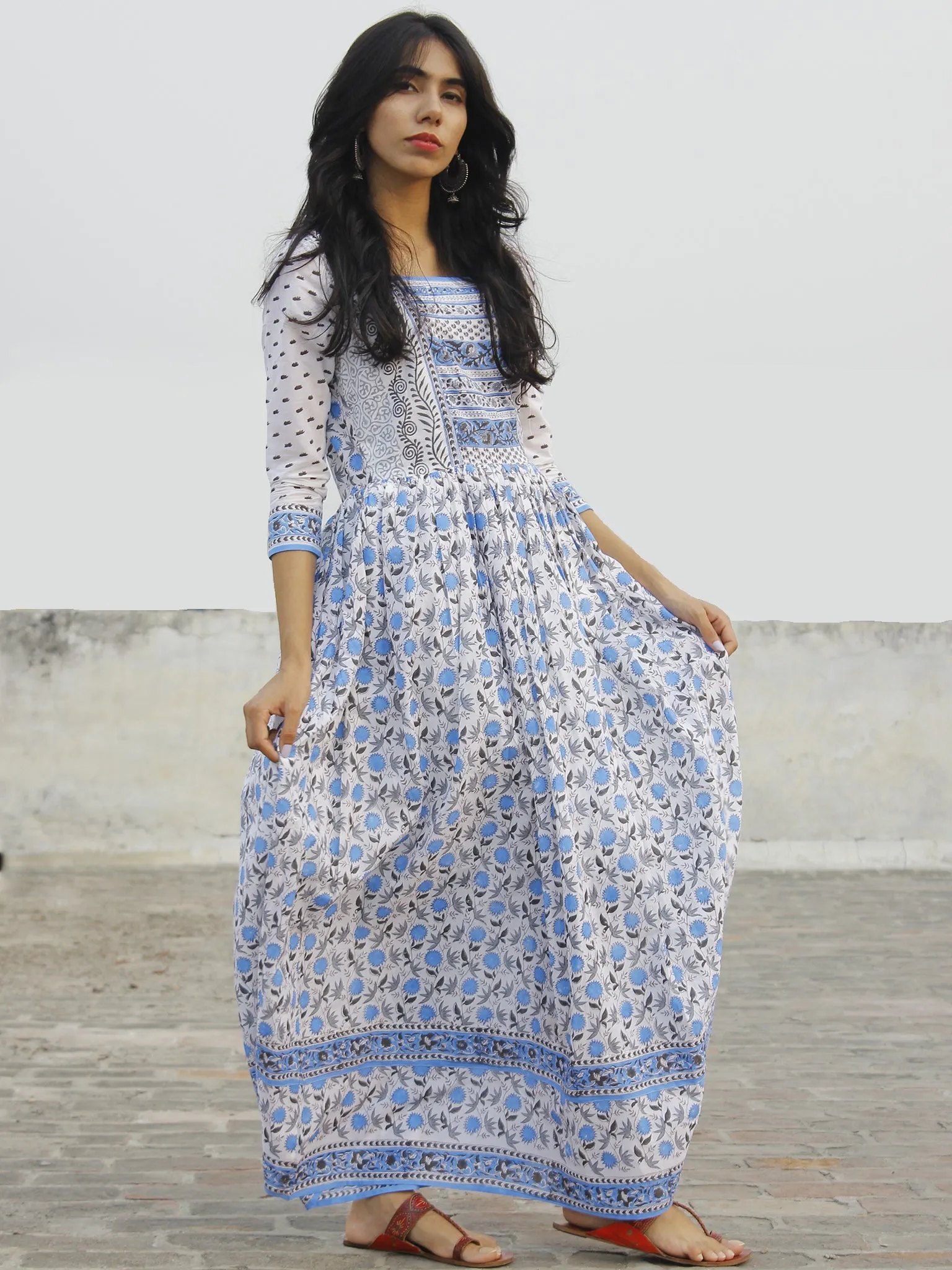 Naaz White Blue Grey Hand Block Printed Dress With Stand Collar And Gathers -  DS32F001