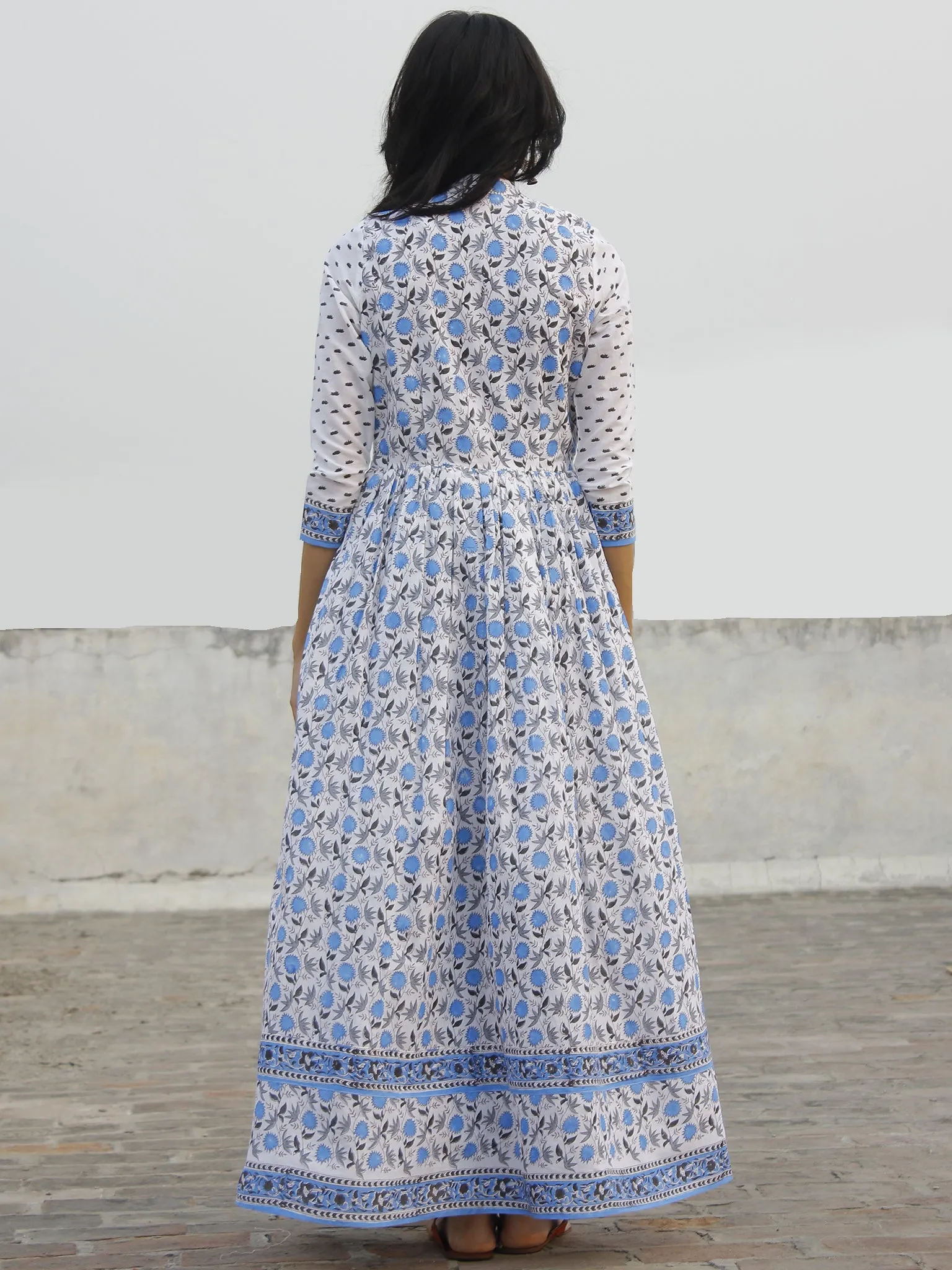 Naaz White Blue Grey Hand Block Printed Dress With Stand Collar And Gathers -  DS32F001