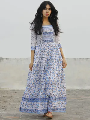 Naaz White Blue Grey Hand Block Printed Dress With Stand Collar And Gathers -  DS32F001