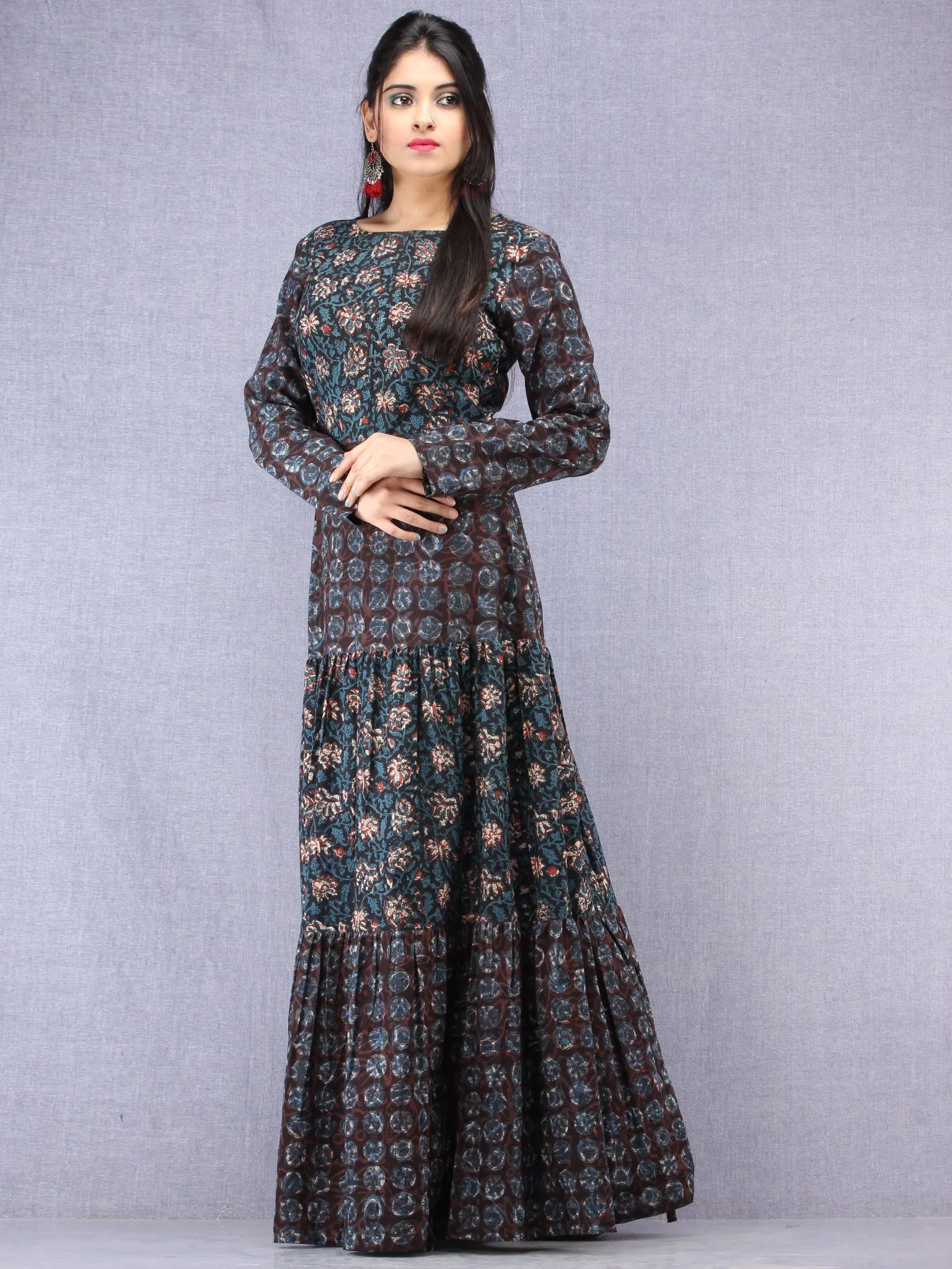 Nazafarin - Hand Block Printed Long Cotton Tier Dress - D95F1346