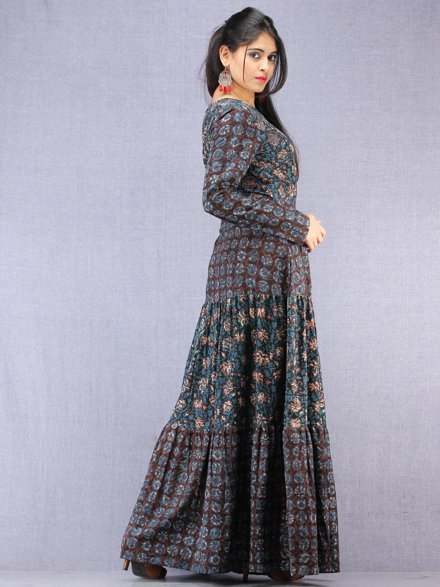 Nazafarin - Hand Block Printed Long Cotton Tier Dress - D95F1346