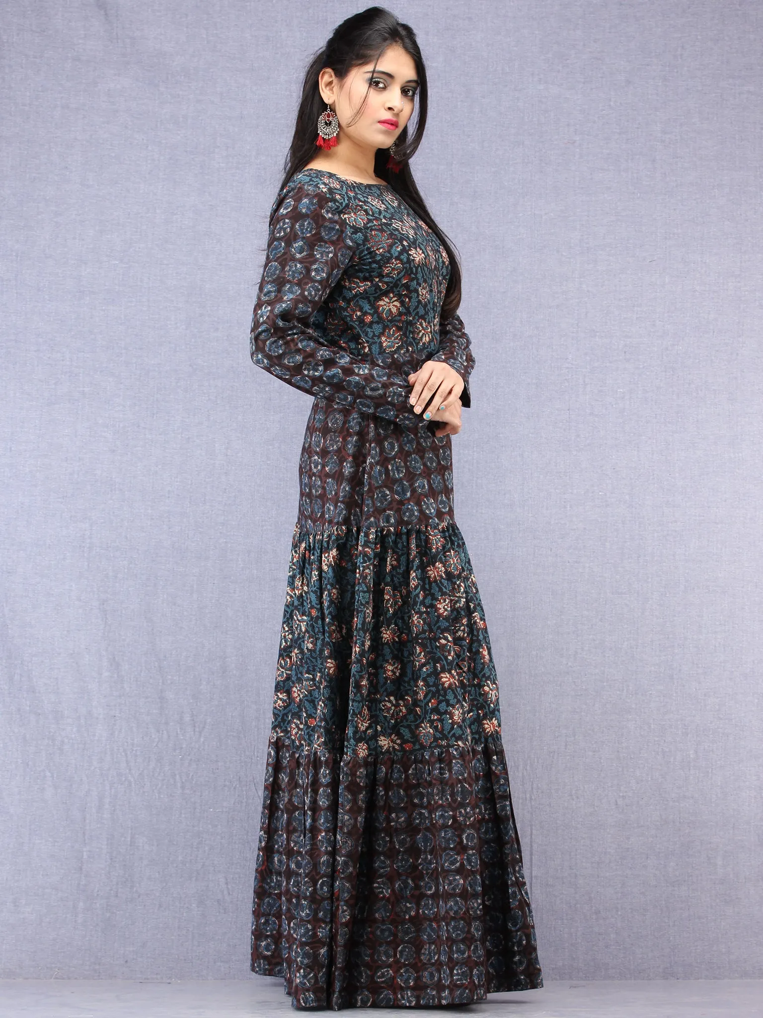 Nazafarin - Hand Block Printed Long Cotton Tier Dress - D95F1346