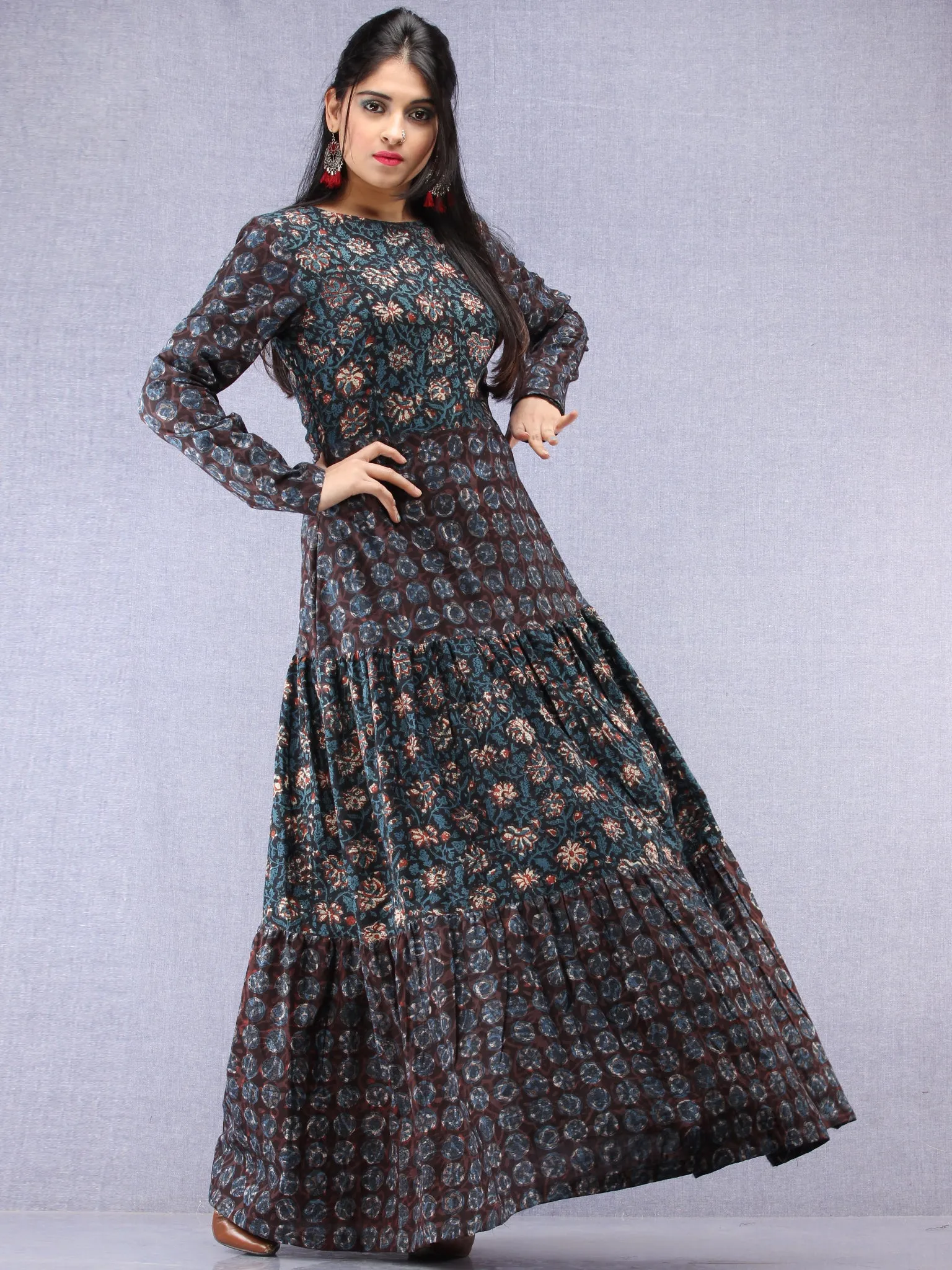 Nazafarin - Hand Block Printed Long Cotton Tier Dress - D95F1346