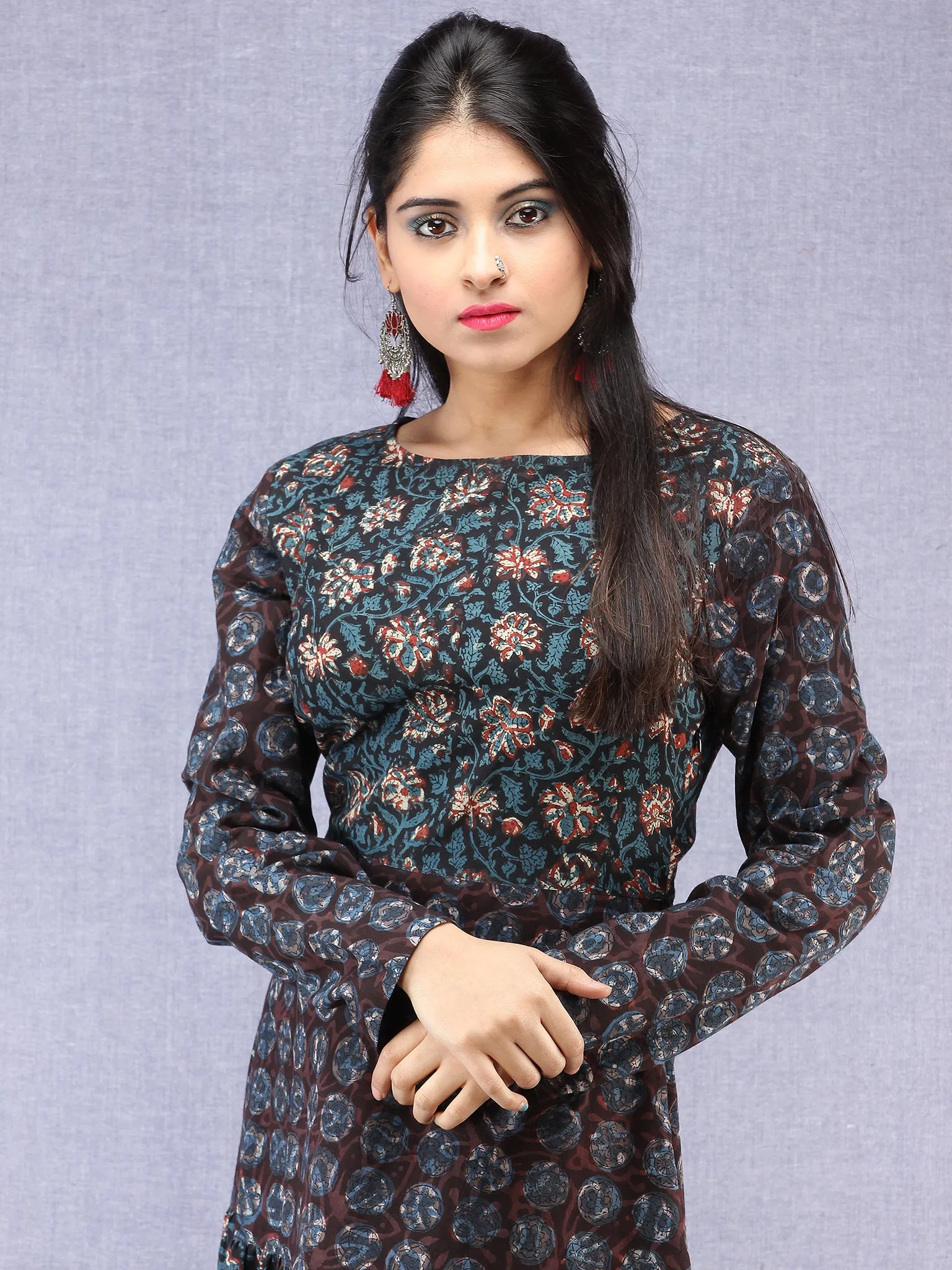 Nazafarin - Hand Block Printed Long Cotton Tier Dress - D95F1346