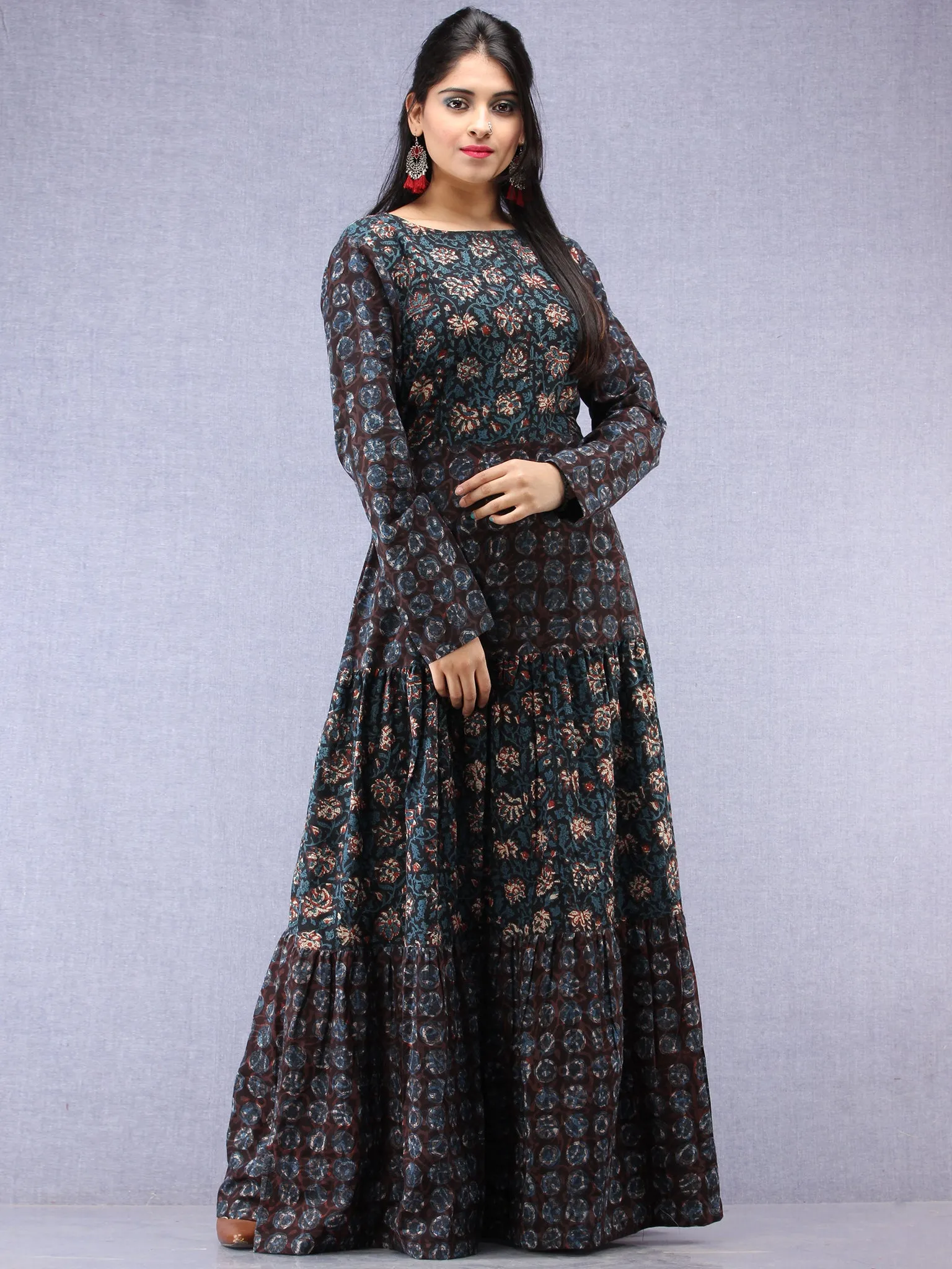 Nazafarin - Hand Block Printed Long Cotton Tier Dress - D95F1346