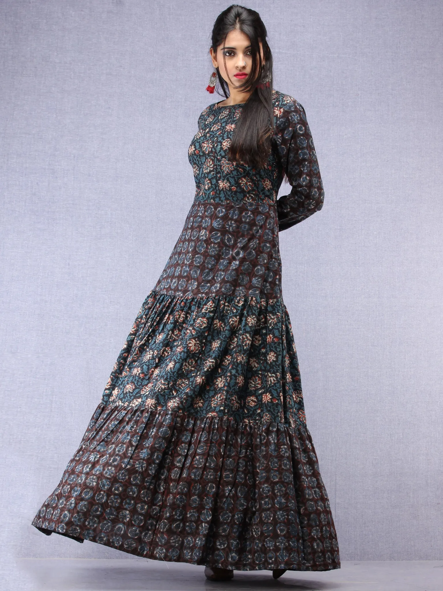 Nazafarin - Hand Block Printed Long Cotton Tier Dress - D95F1346