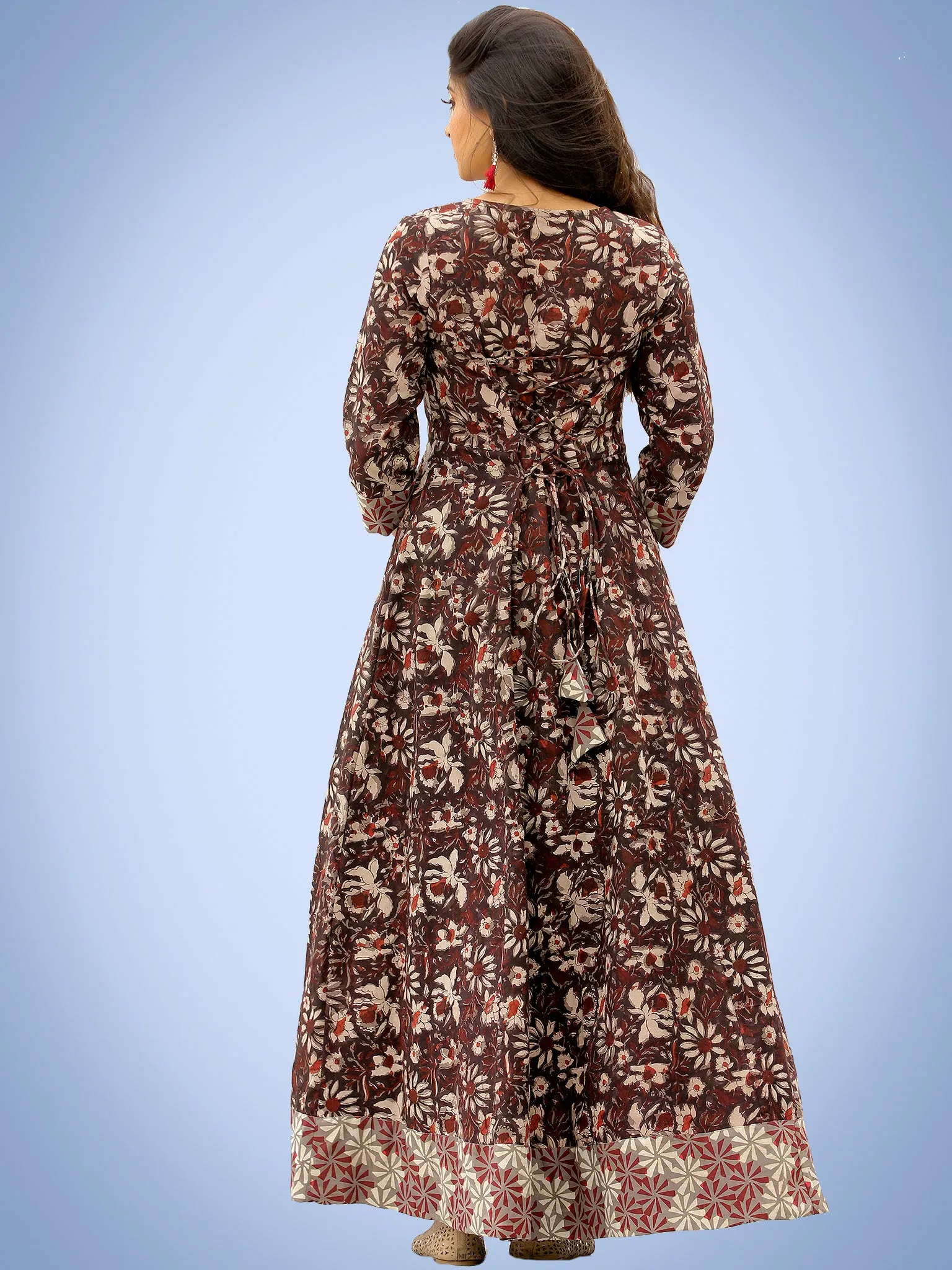 Nazmin - Hand Block Printed Long Cotton Dress With Back Knots  - D162F1384