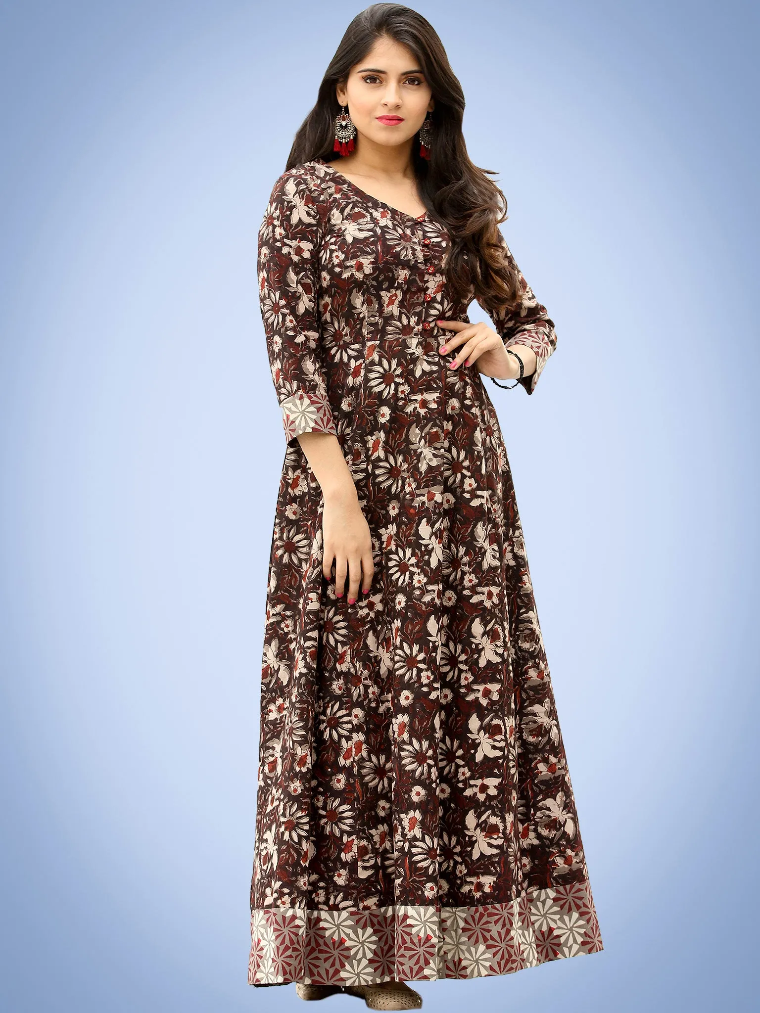 Nazmin - Hand Block Printed Long Cotton Dress With Back Knots  - D162F1384