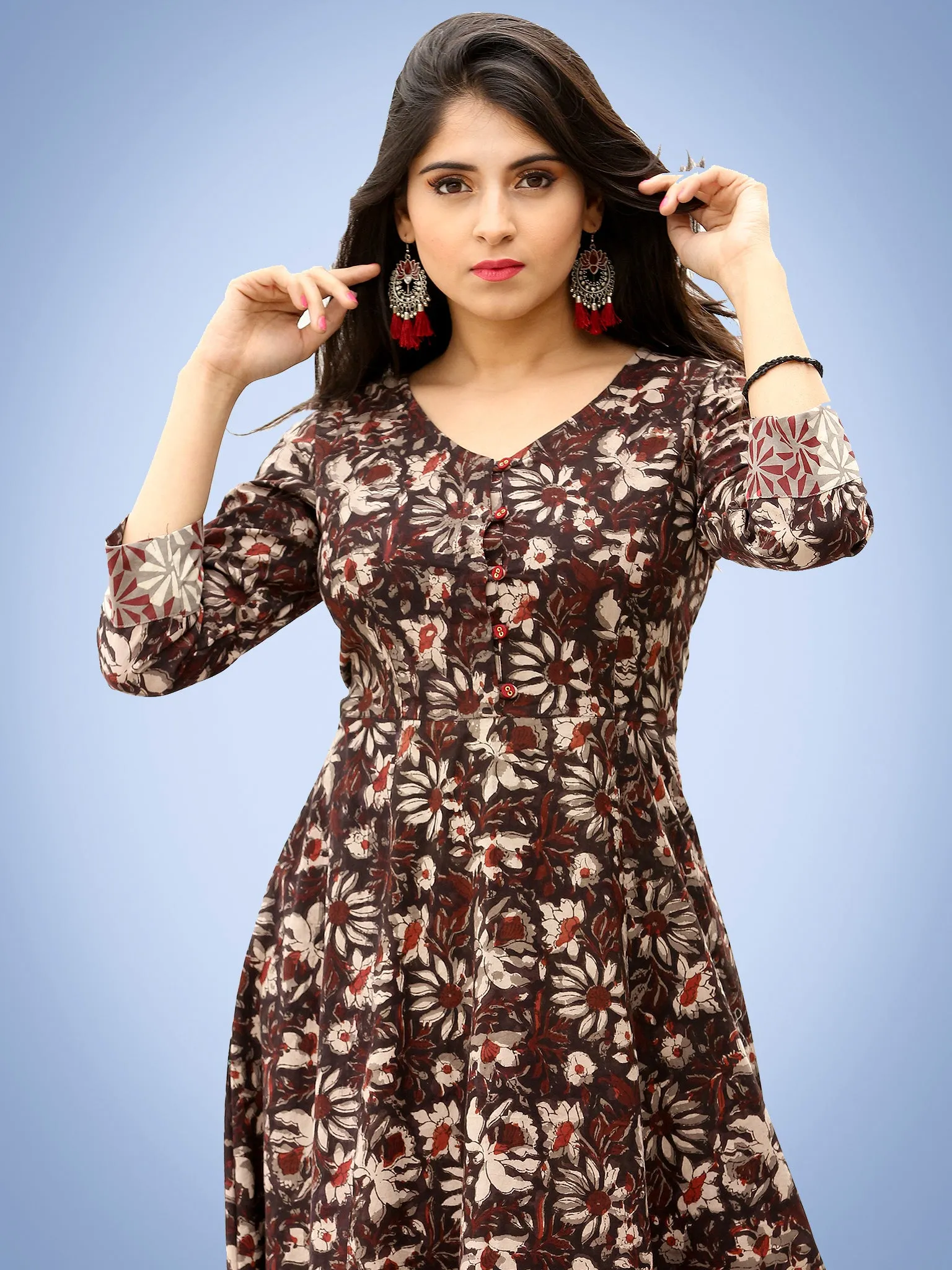 Nazmin - Hand Block Printed Long Cotton Dress With Back Knots  - D162F1384