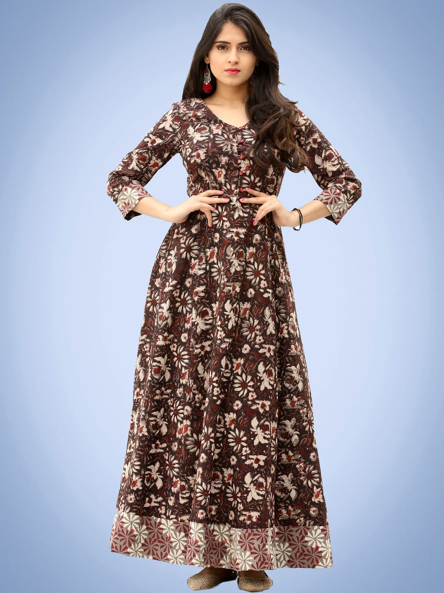 Nazmin - Hand Block Printed Long Cotton Dress With Back Knots  - D162F1384