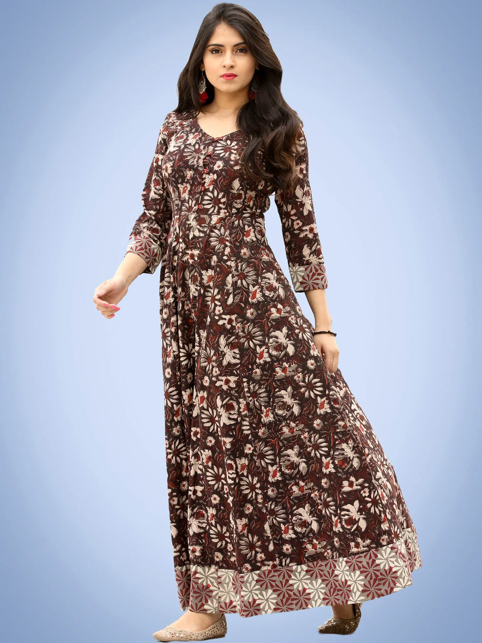 Nazmin - Hand Block Printed Long Cotton Dress With Back Knots  - D162F1384