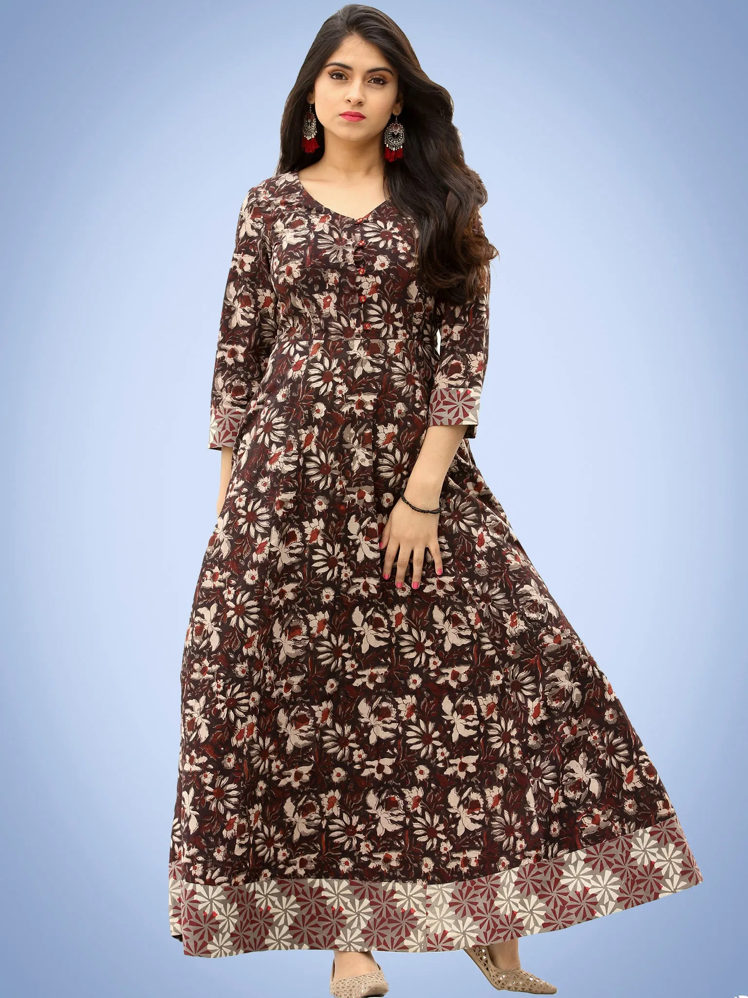 Nazmin - Hand Block Printed Long Cotton Dress With Back Knots  - D162F1384