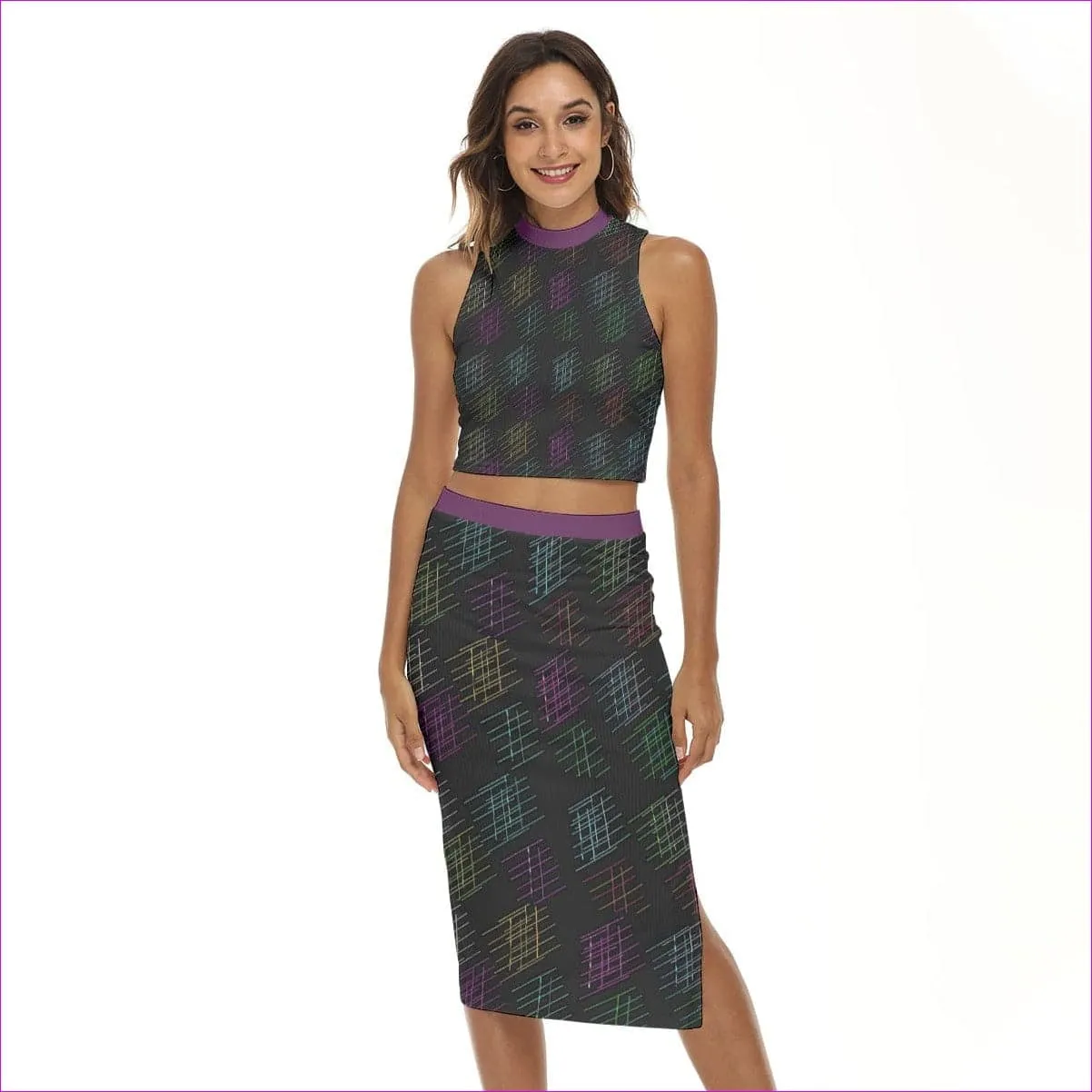 Neon Lines Womens Tank Top & Split High Skirt Set