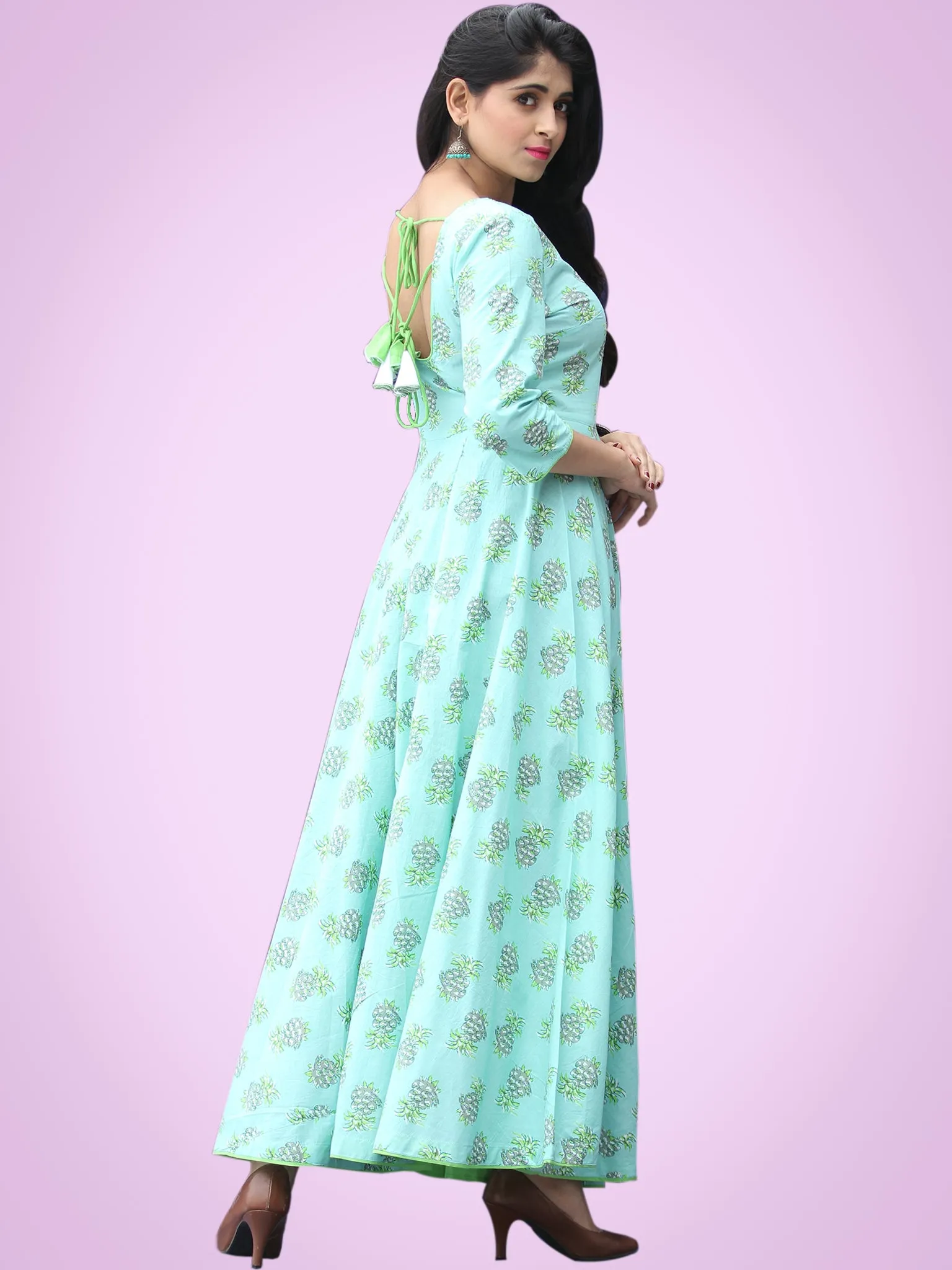 Nusrat - Green Grey Block Printed Urave Cut Long Dress With Tie Up Deep Back - D404F2153