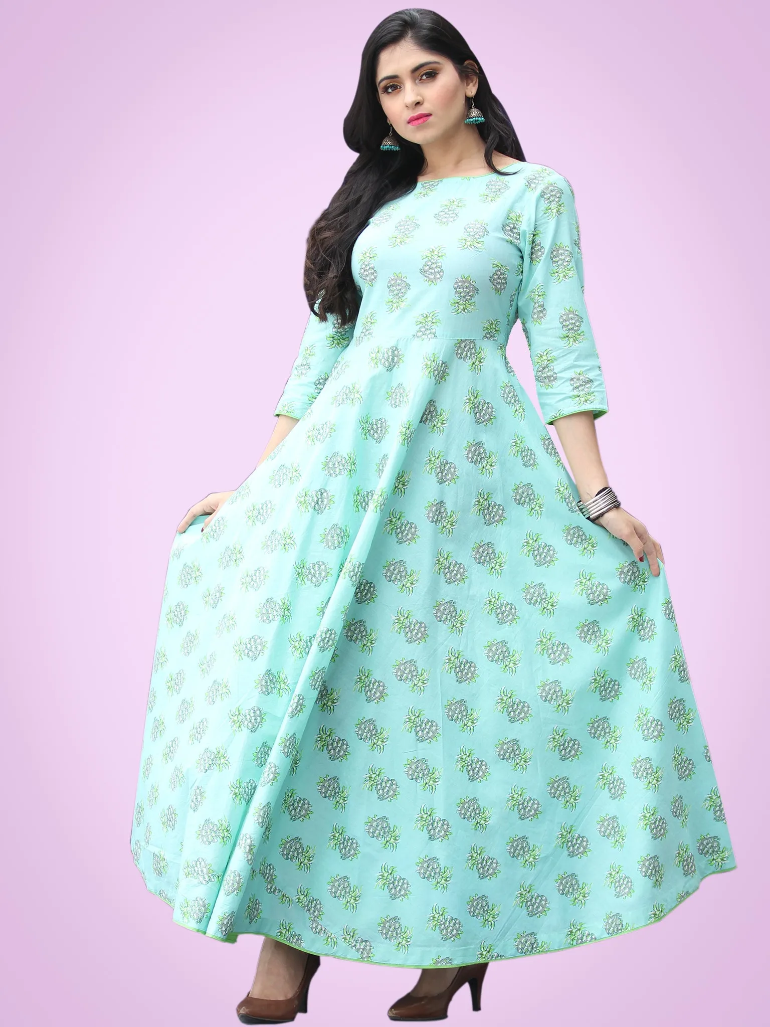 Nusrat - Green Grey Block Printed Urave Cut Long Dress With Tie Up Deep Back - D404F2153