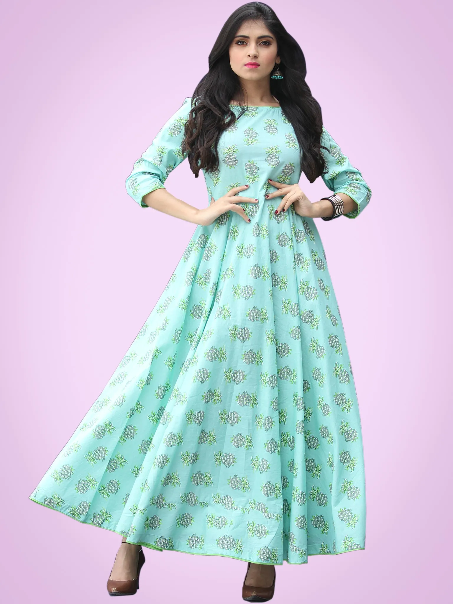 Nusrat - Green Grey Block Printed Urave Cut Long Dress With Tie Up Deep Back - D404F2153