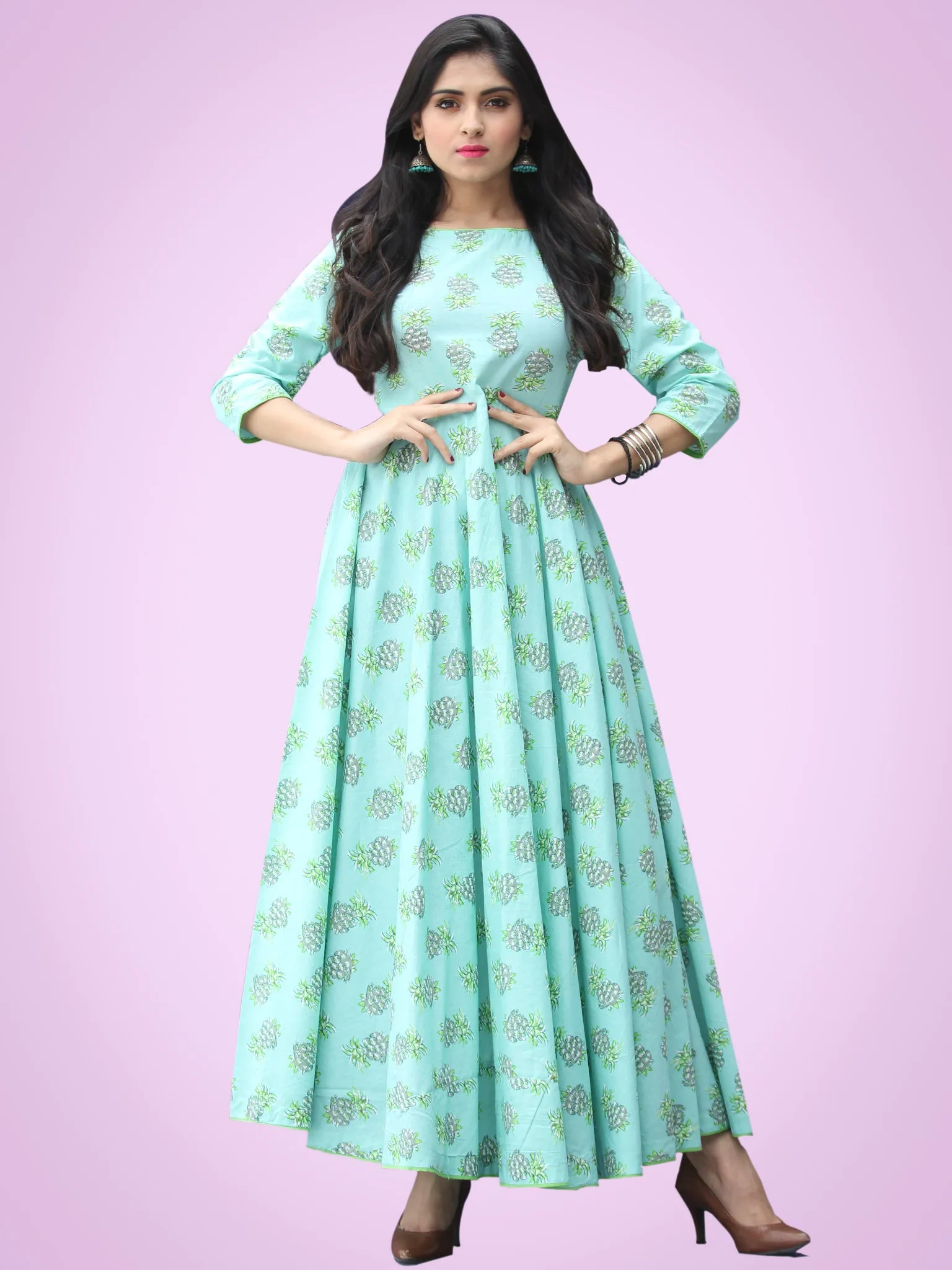 Nusrat - Green Grey Block Printed Urave Cut Long Dress With Tie Up Deep Back - D404F2153