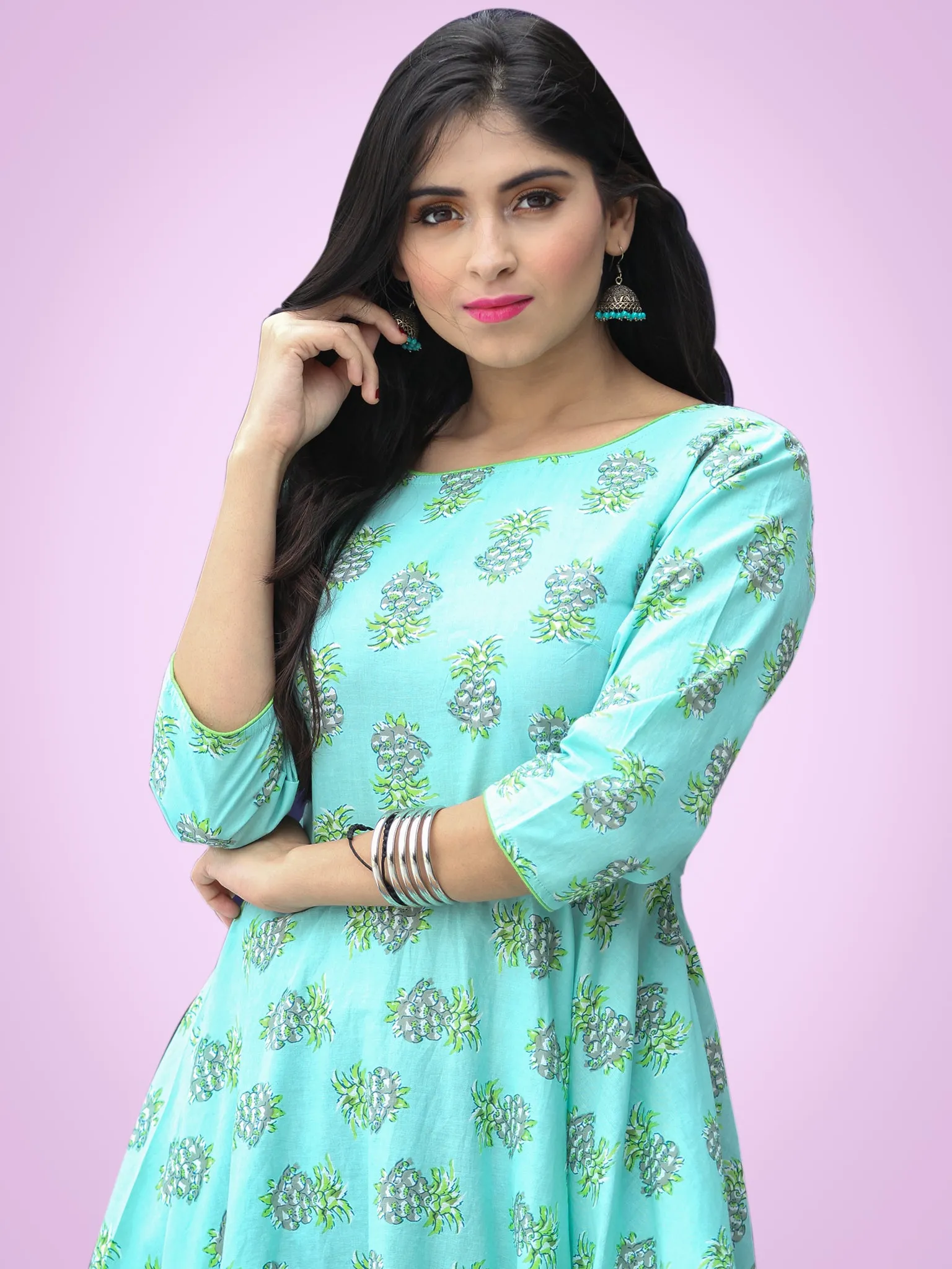 Nusrat - Green Grey Block Printed Urave Cut Long Dress With Tie Up Deep Back - D404F2153