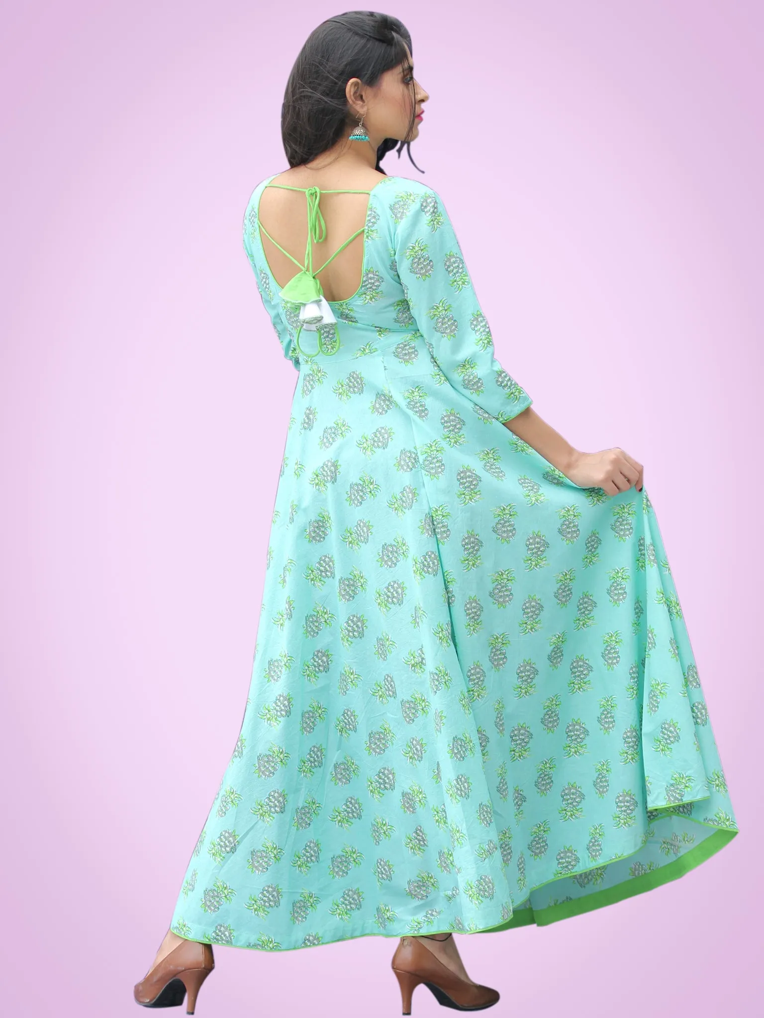 Nusrat - Green Grey Block Printed Urave Cut Long Dress With Tie Up Deep Back - D404F2153