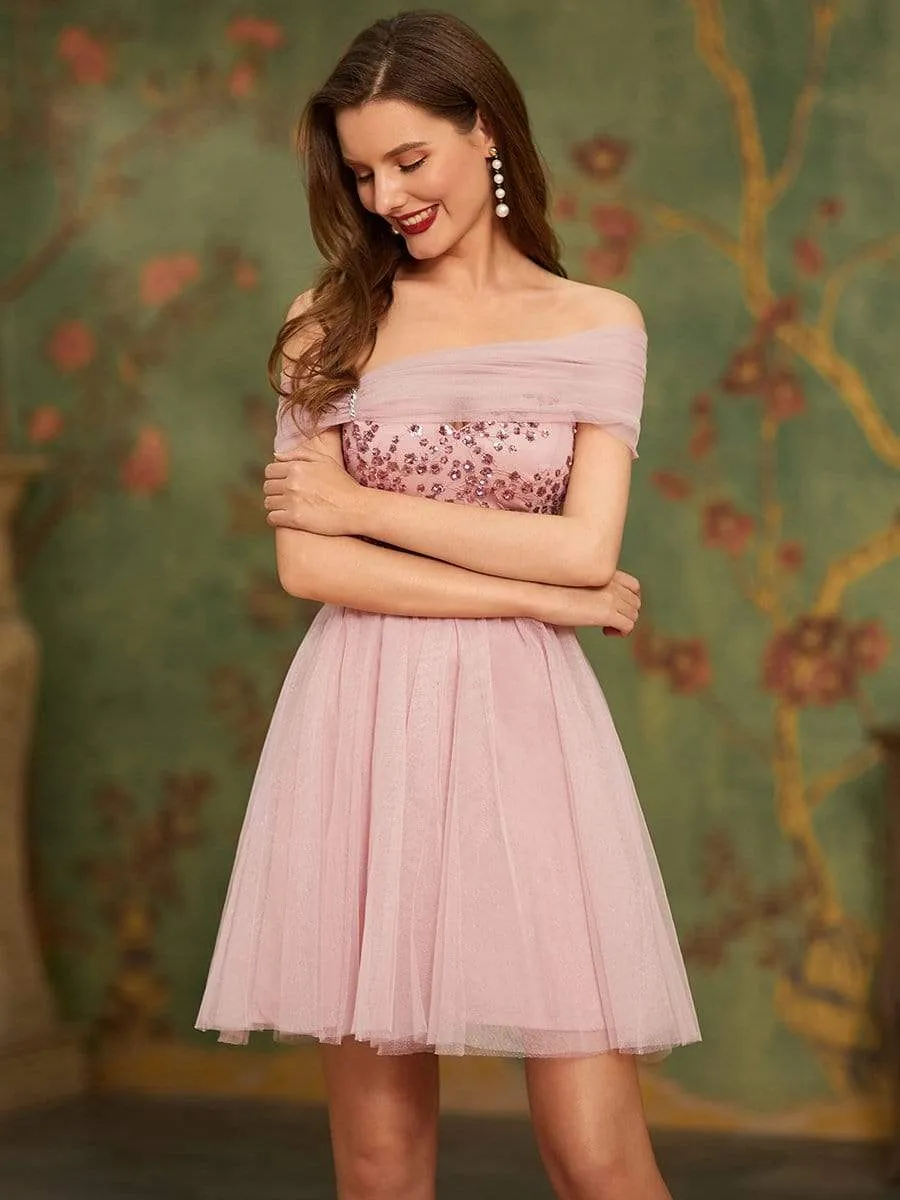 Off the Shoulder Sequin Bodice Above Knee Length Tulle Prom Dress