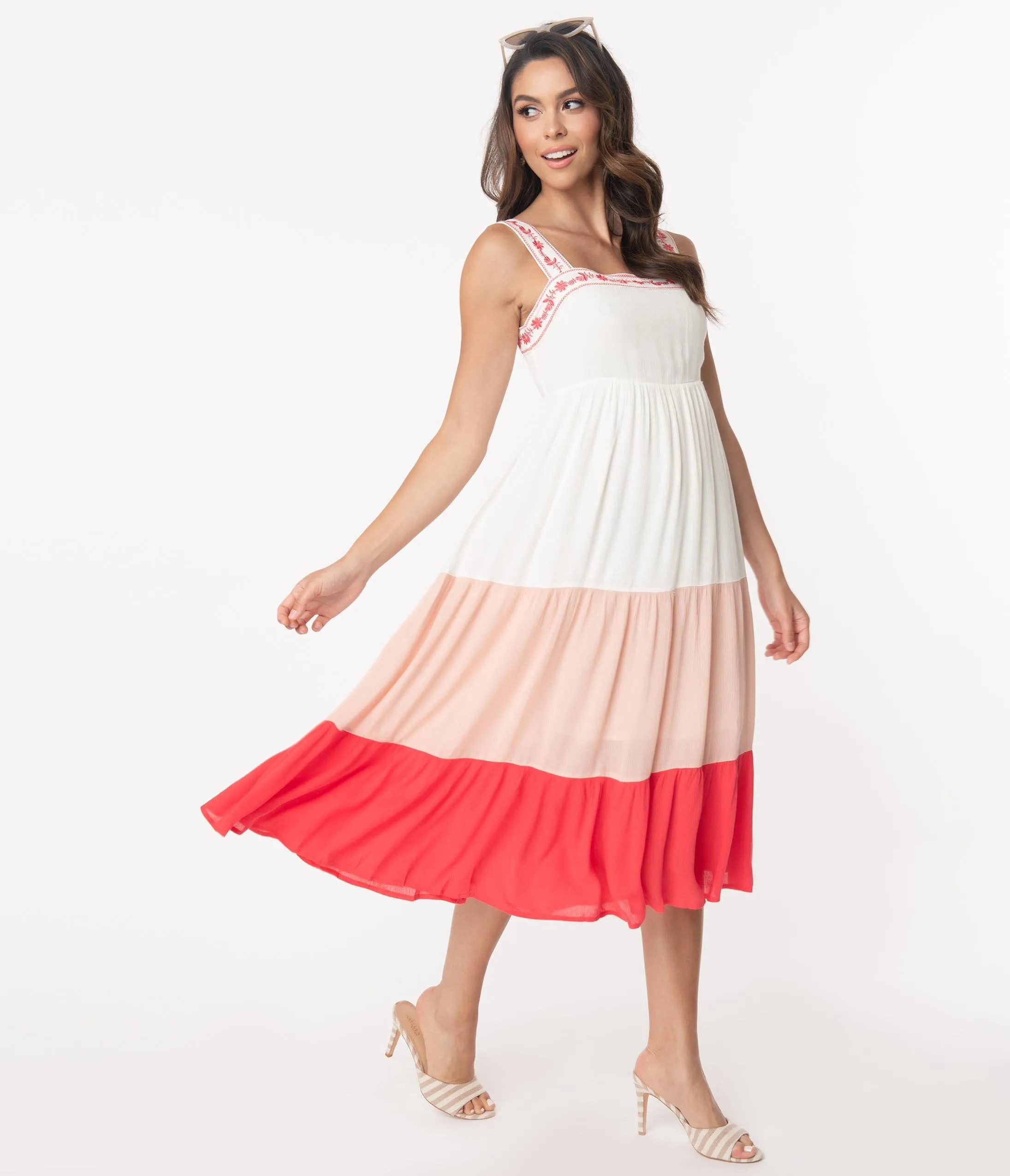 Off White & Coral Tiered Coloblock Maxi Dress