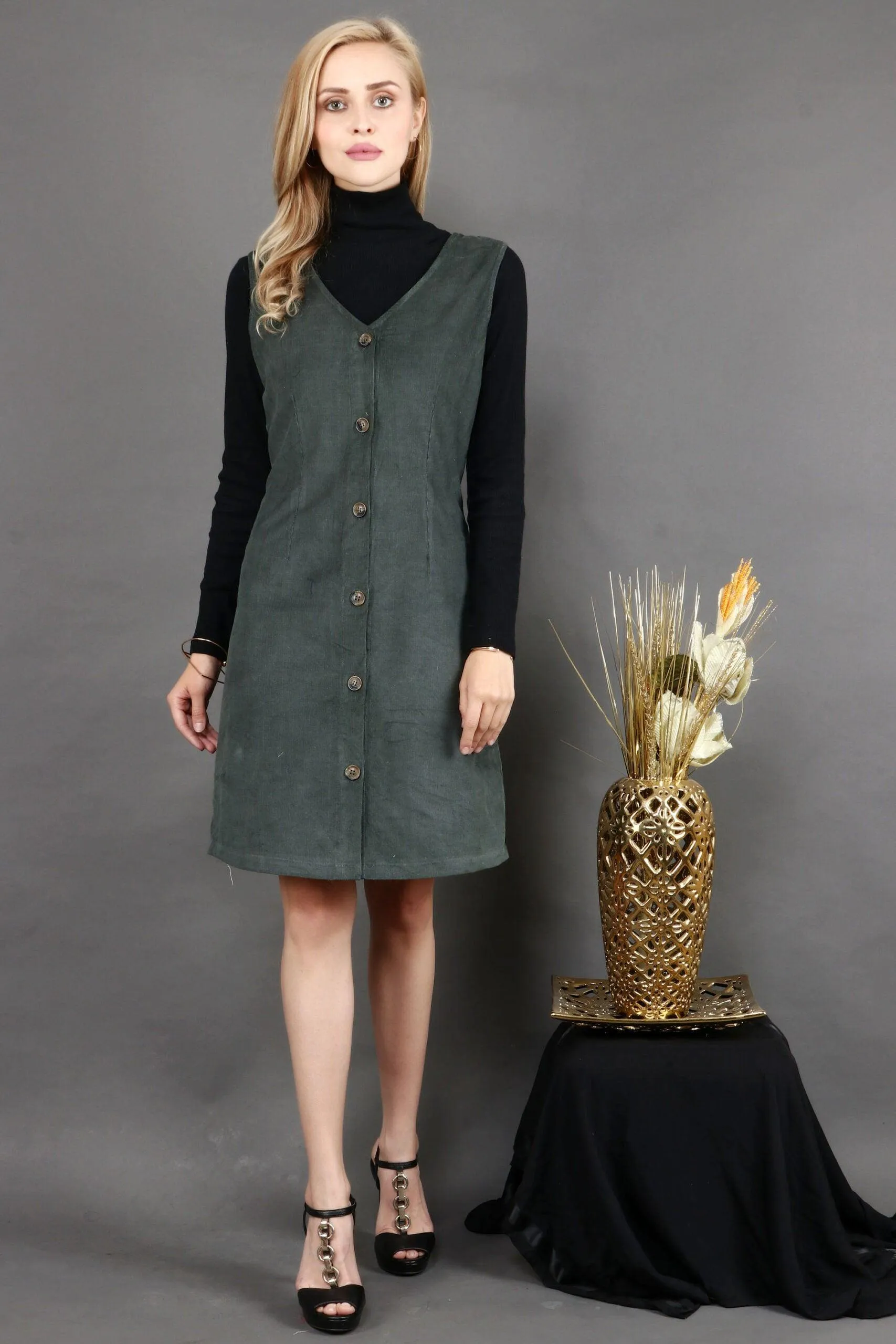 Olive Green Solid Buttoned Dress