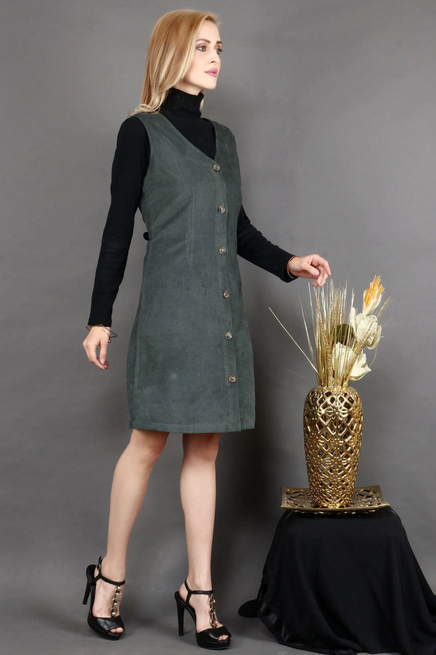 Olive Green Solid Buttoned Dress