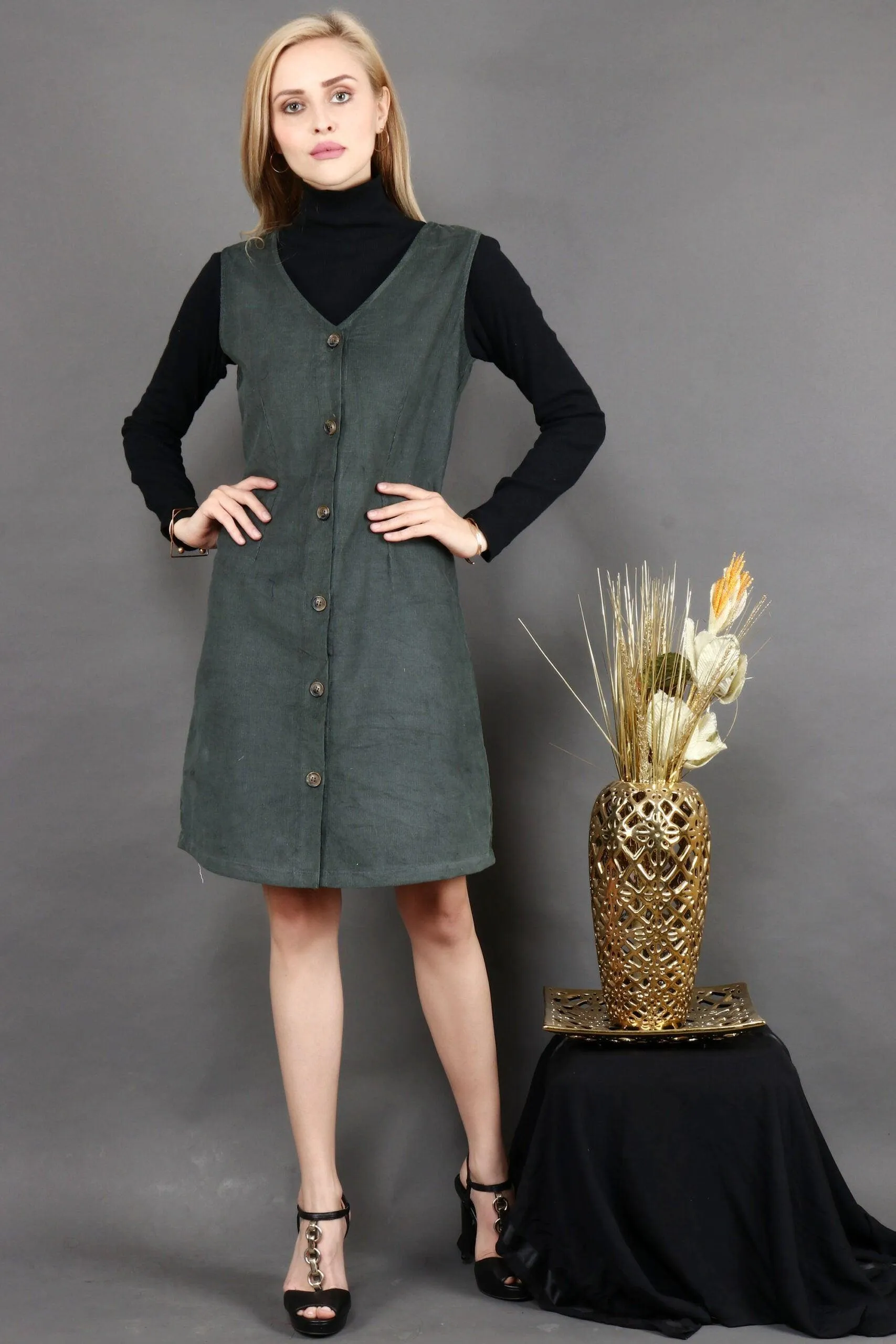 Olive Green Solid Buttoned Dress