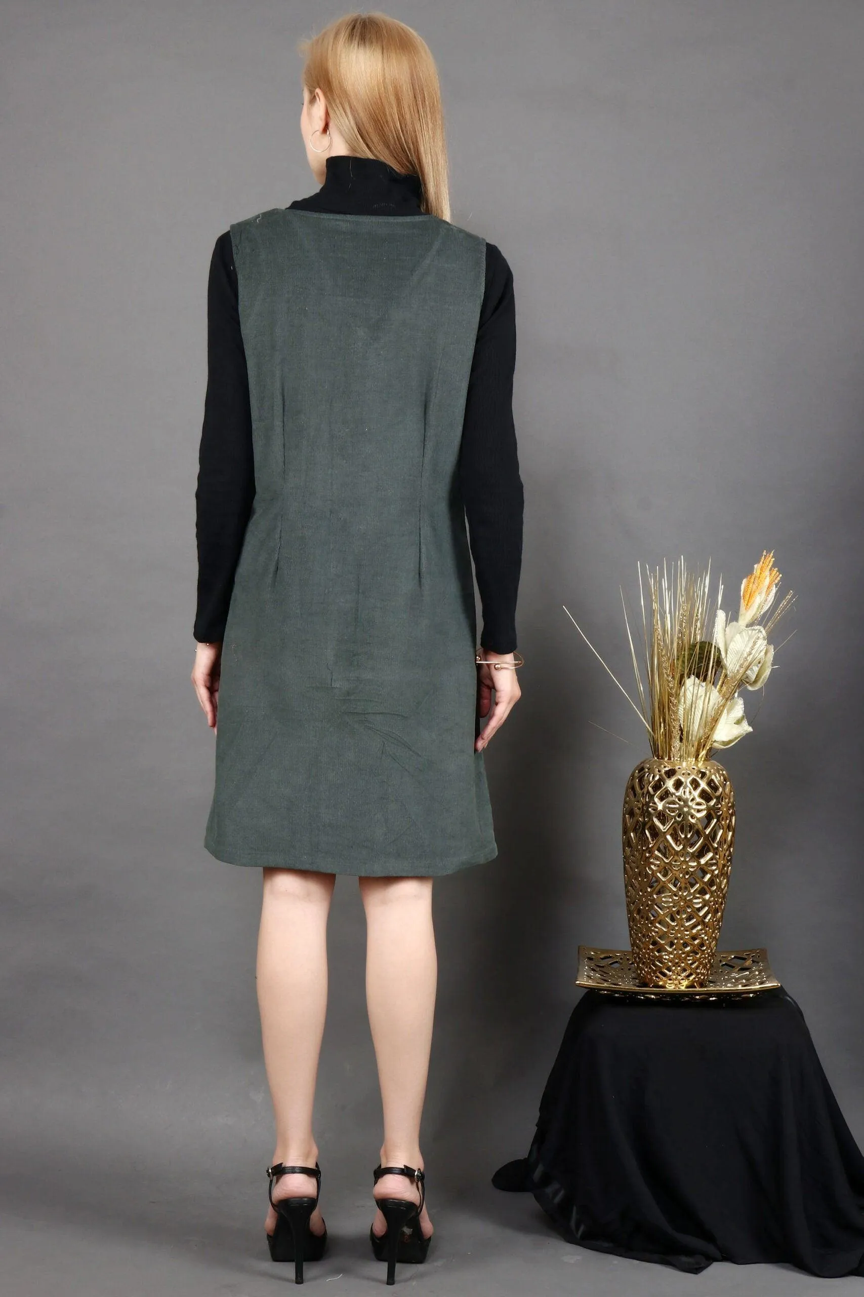 Olive Green Solid Buttoned Dress