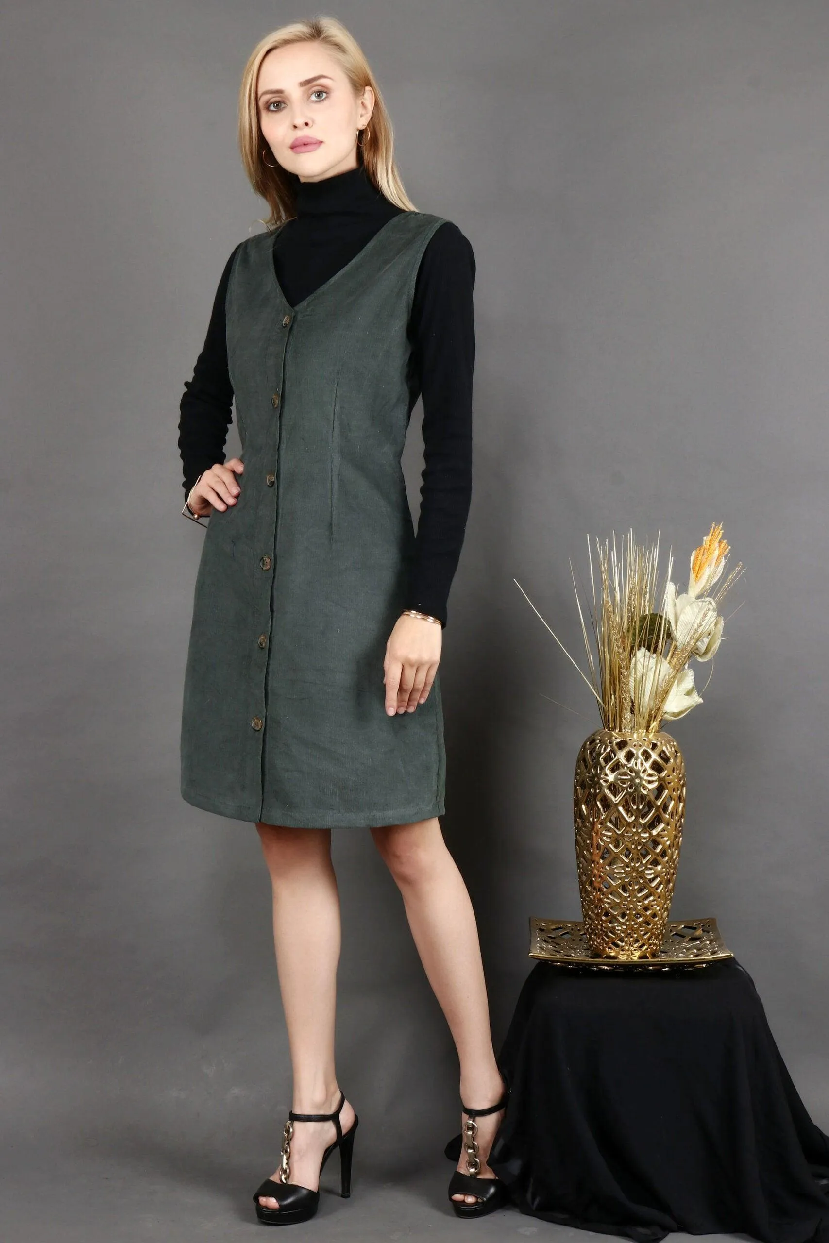 Olive Green Solid Buttoned Dress