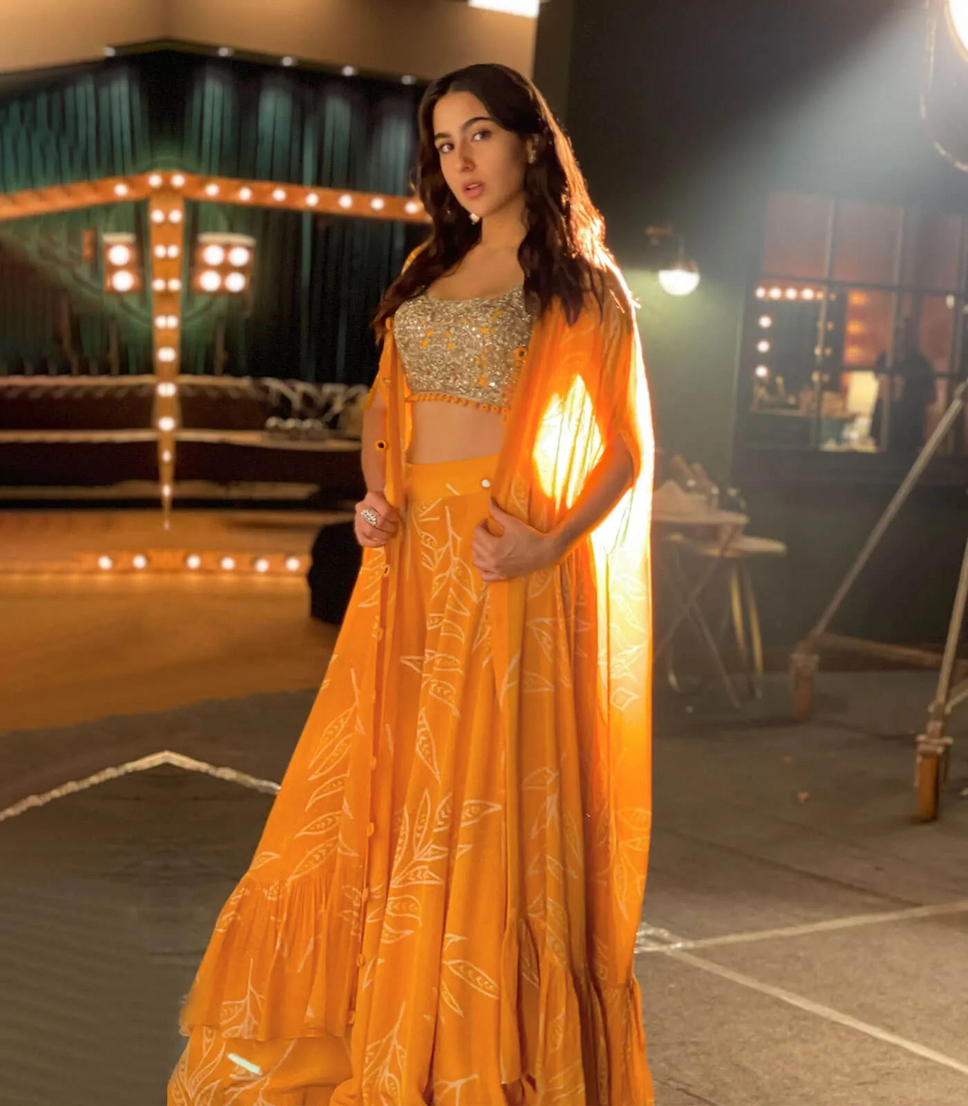 Orange Indo Western Lehenga Choli in Organza Silk