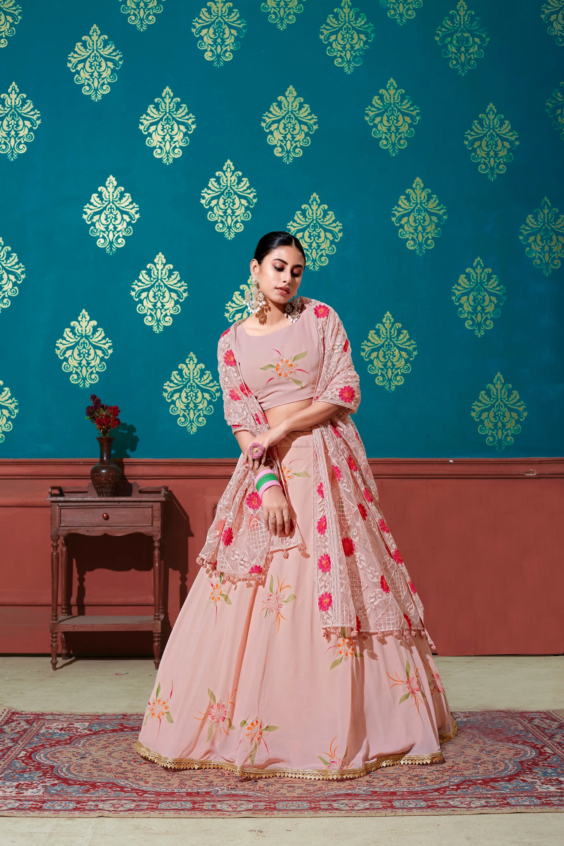 Peach Embroidered Georgette Party Wear Lehenga Choli