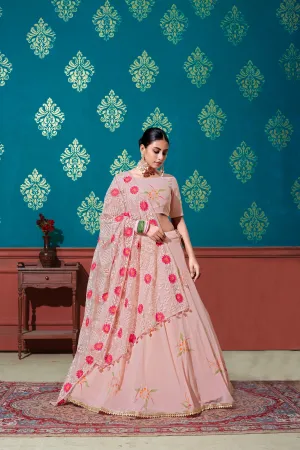 Peach Embroidered Georgette Party Wear Lehenga Choli