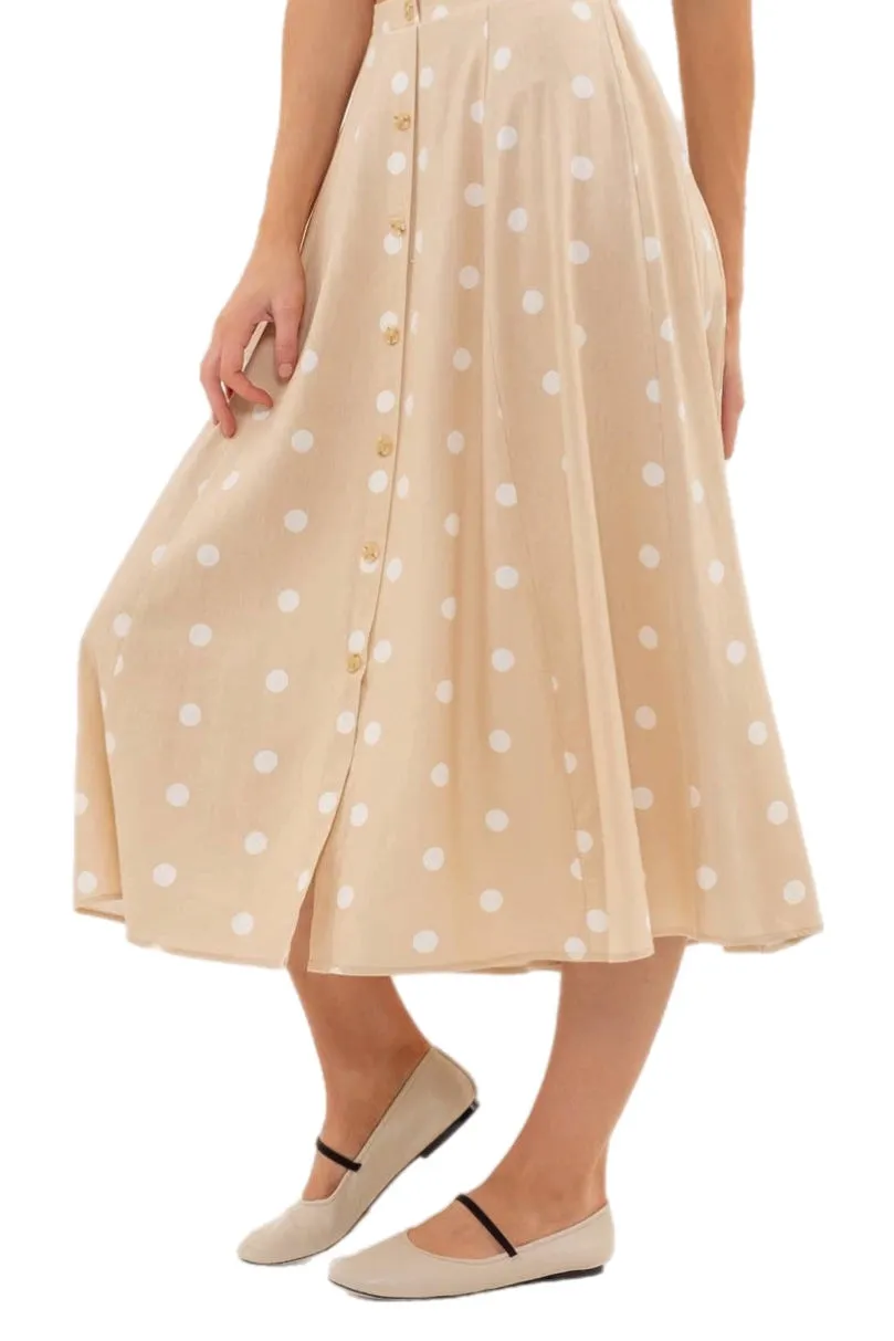 Polka Dot Button Down Midi Skirt Style 2000 in Khaki