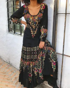 Printed Crew Neck Long Sleeve Dress