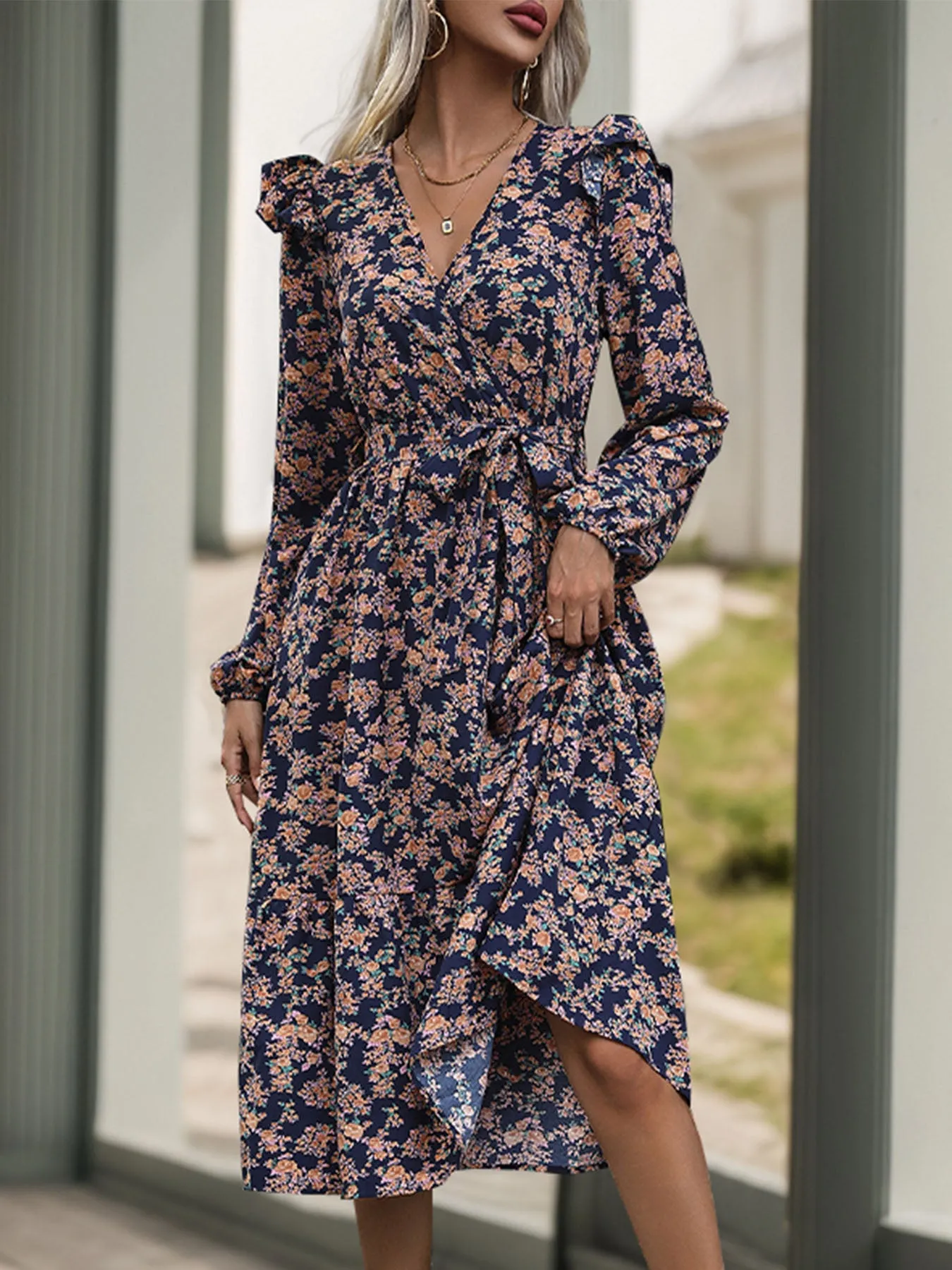 Printed Surplice Long Sleeve Midi Dress