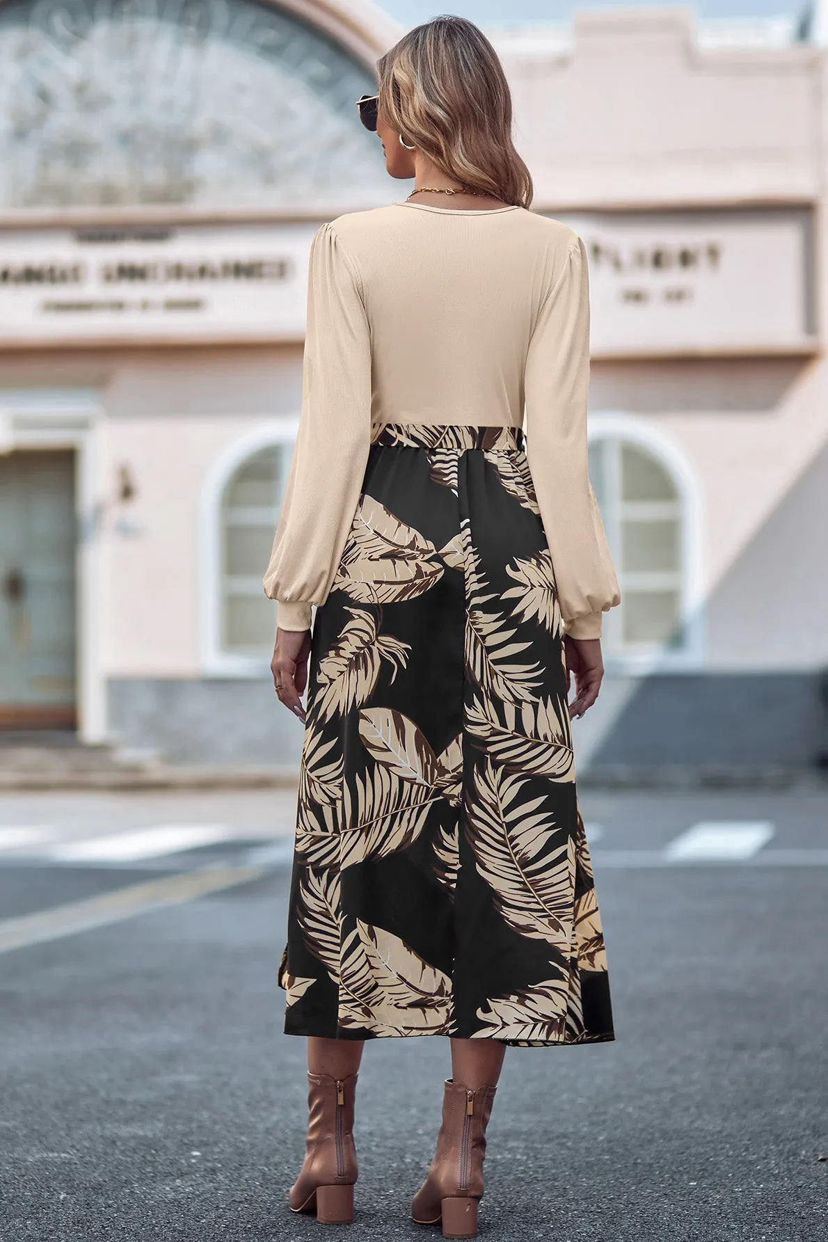 Printed Tie Waist Long Sleeve Dress