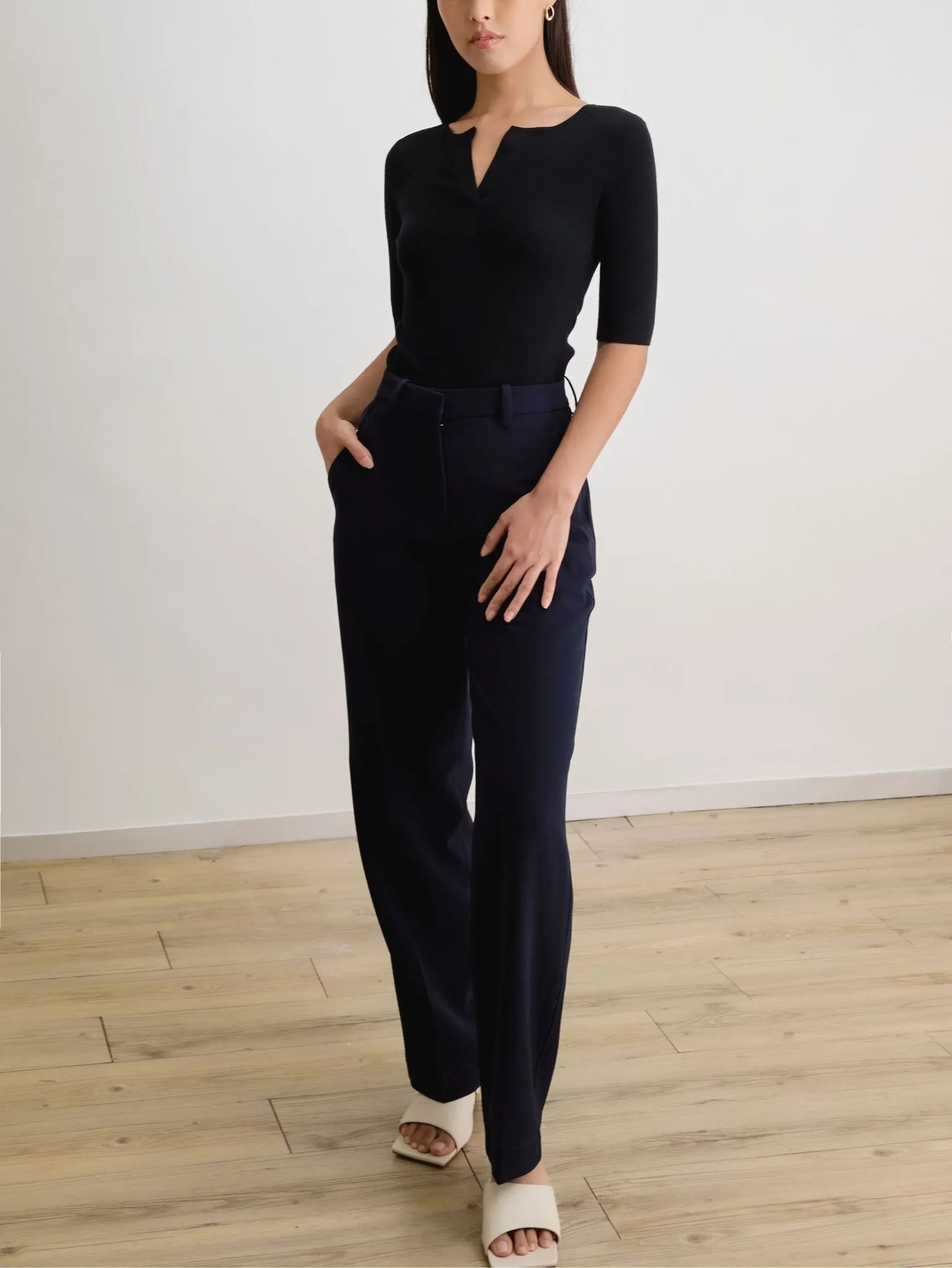 Rachel high-waist straight-leg trousers (Navy)